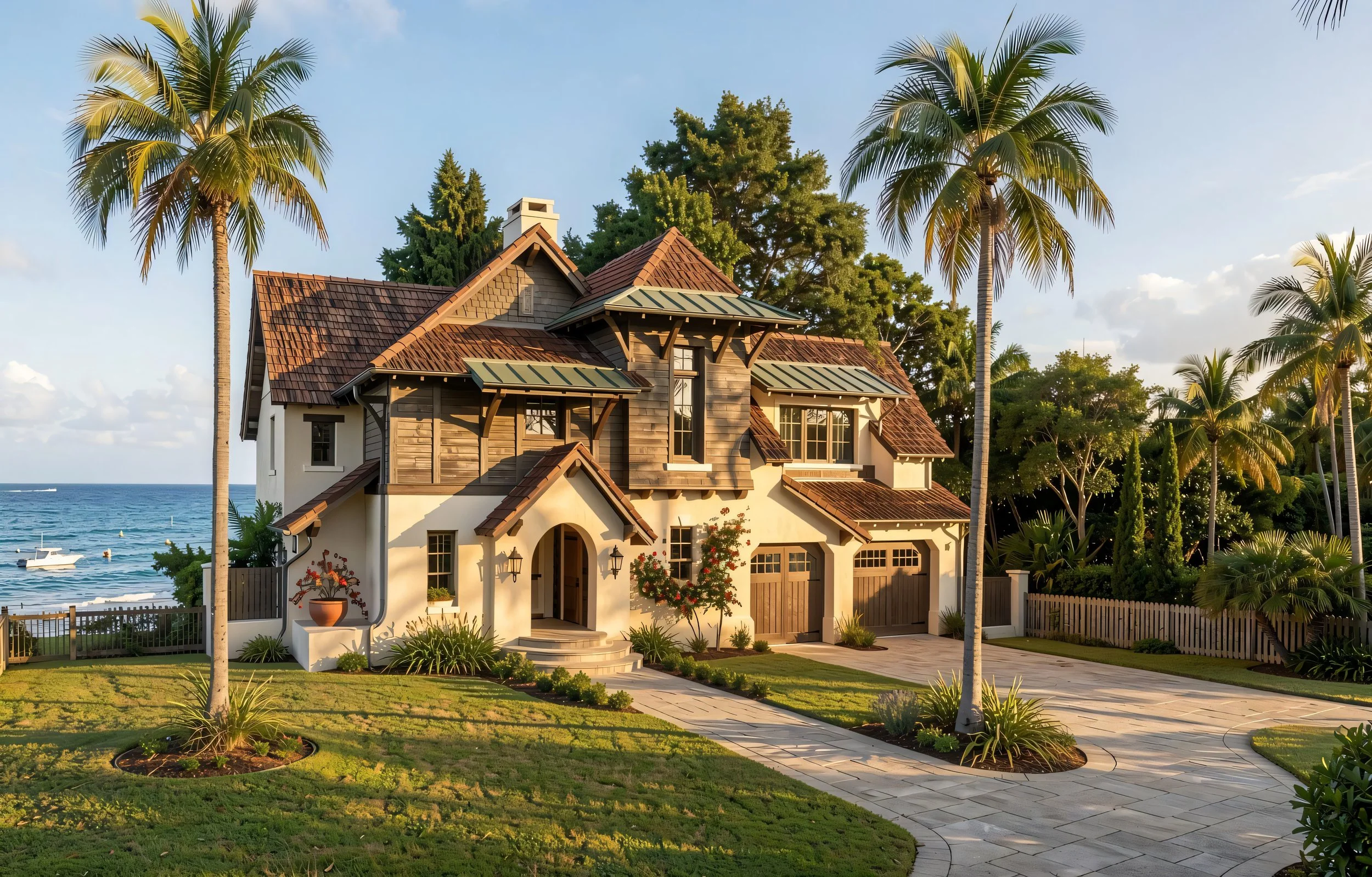 A large beachfront house with multiple gabled roofs, surrounded by palm trees and greenery, overlooking the ocean with boats visible in the water.