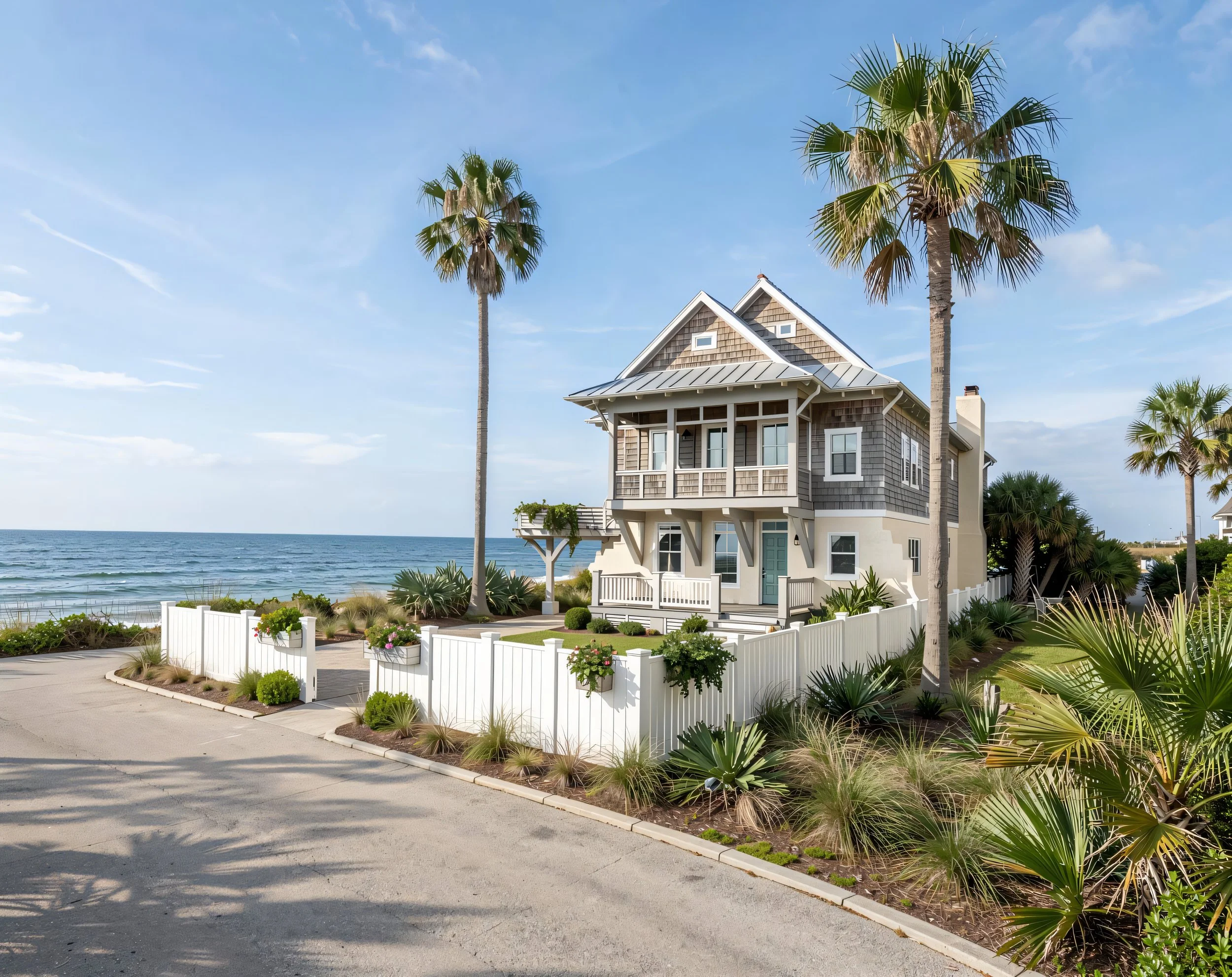 A beach house with a wooden exterior and a gray metal roof, located near the ocean with palm trees in the yard, a white fence, and surrounded by landscaped plants.