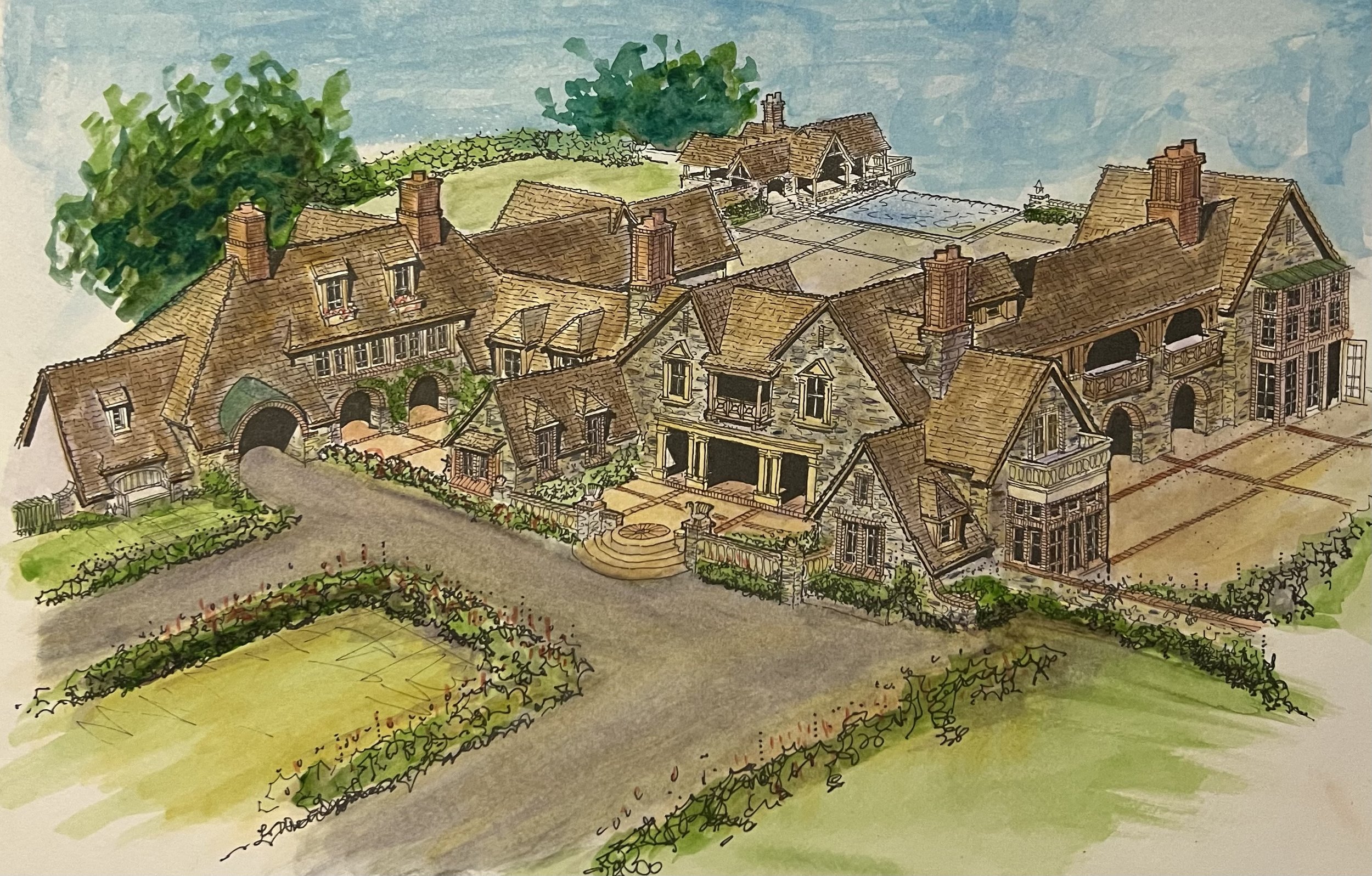 A watercolor painting of a large, historic house with multiple gabled roofs, brick chimneys, and decorative stonework, surrounded by landscaped gardens and trees.
