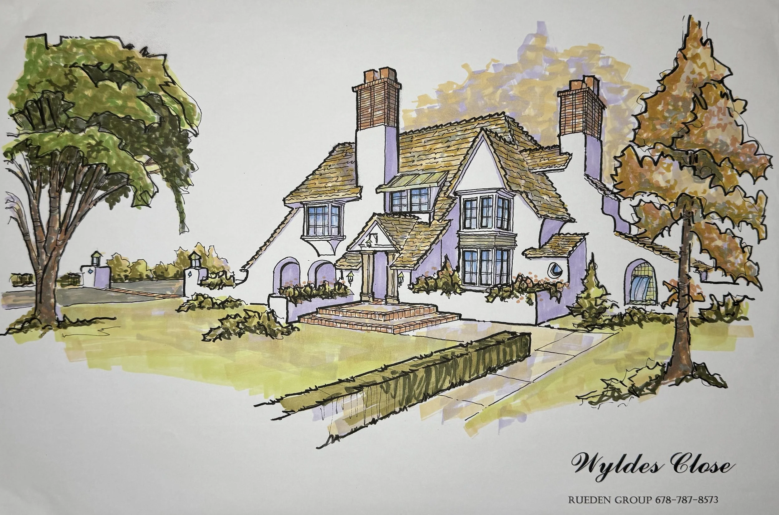 A detailed watercolor illustration of a large Victorian-style house with multiple chimneys, surrounded by trees with autumn-colored leaves, and a brick pathway leading to the front steps. The image includes the text "Wylodes Close" and a reference to