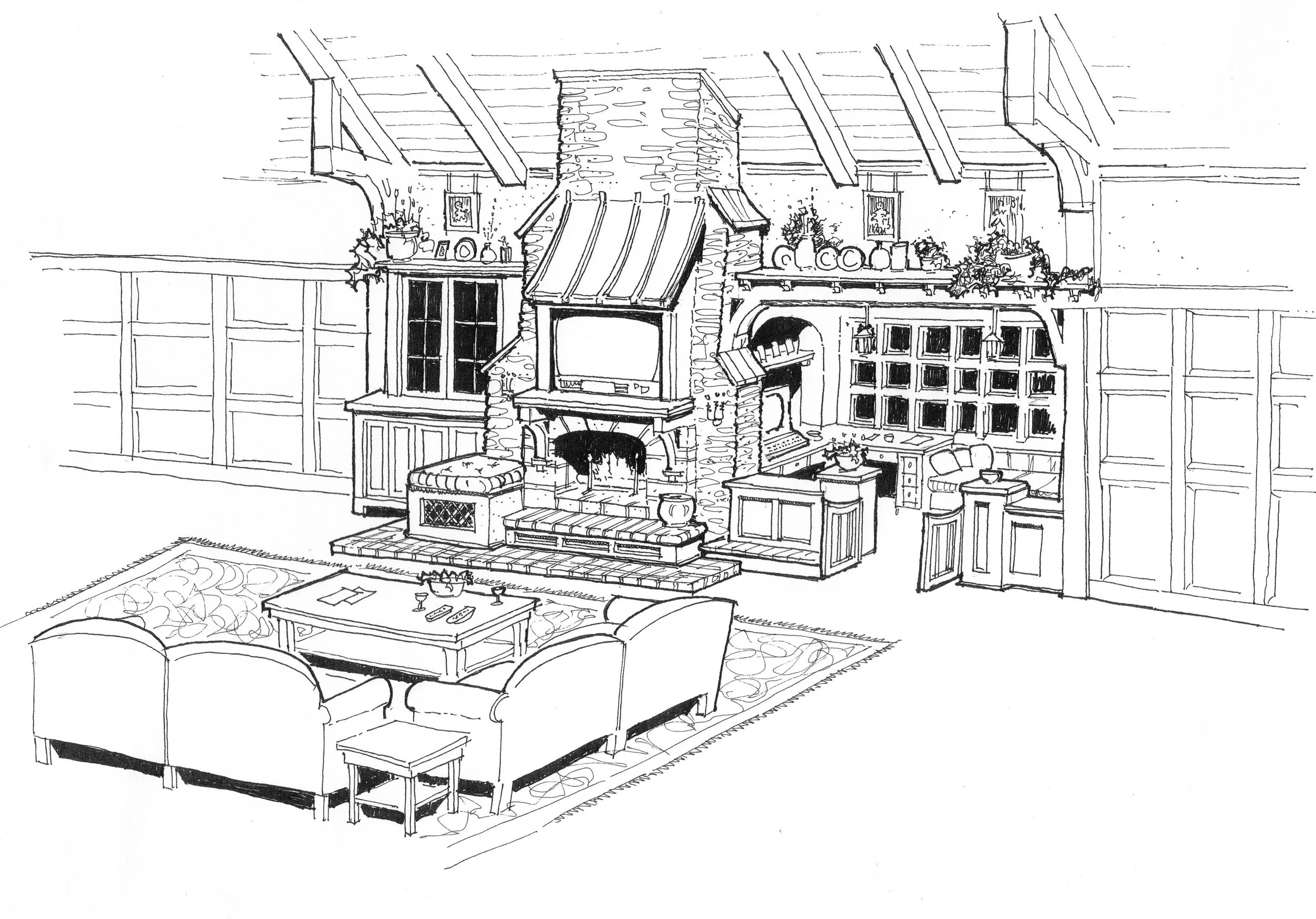 A line drawing of a rustic living room with a central stone fireplace, wooden beams on the ceiling, a large window, and various furniture and decorative items.