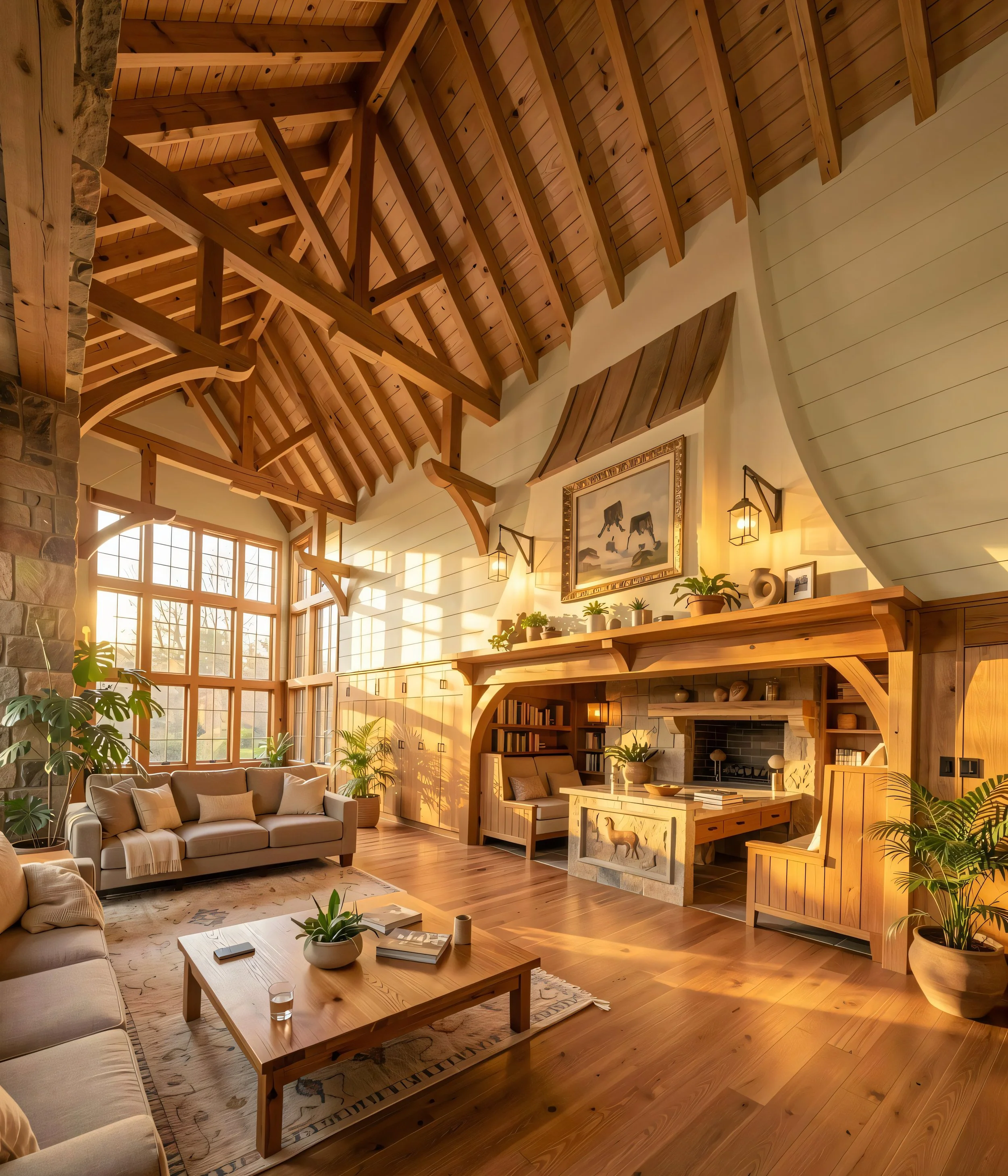 A cozy living room with high wooden vaulted ceilings, large windows letting in natural light, beige sofas, a wooden coffee table with a potted plant, and various framed artworks on the wall. Indoor plants are placed throughout the room, and warm ligh