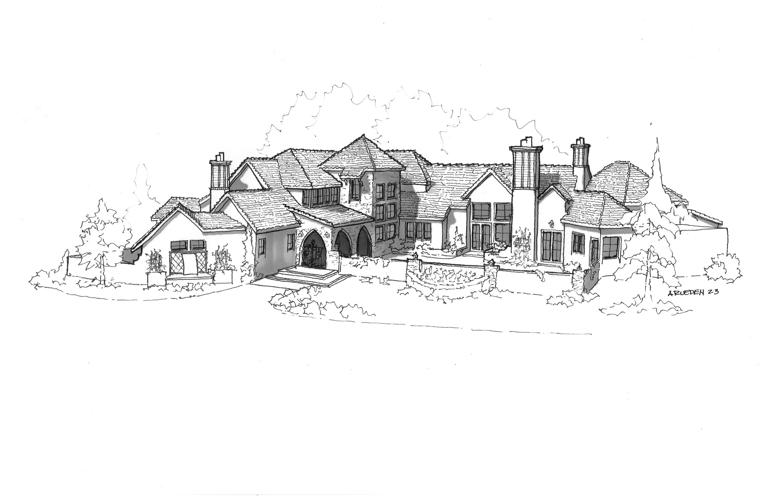 A detailed black and white sketch of a large, elegant house with multiple gabled roofs, chimneys, and large windows, surrounded by trees and landscaped yard, signed by the artist KRUEPN 23.
