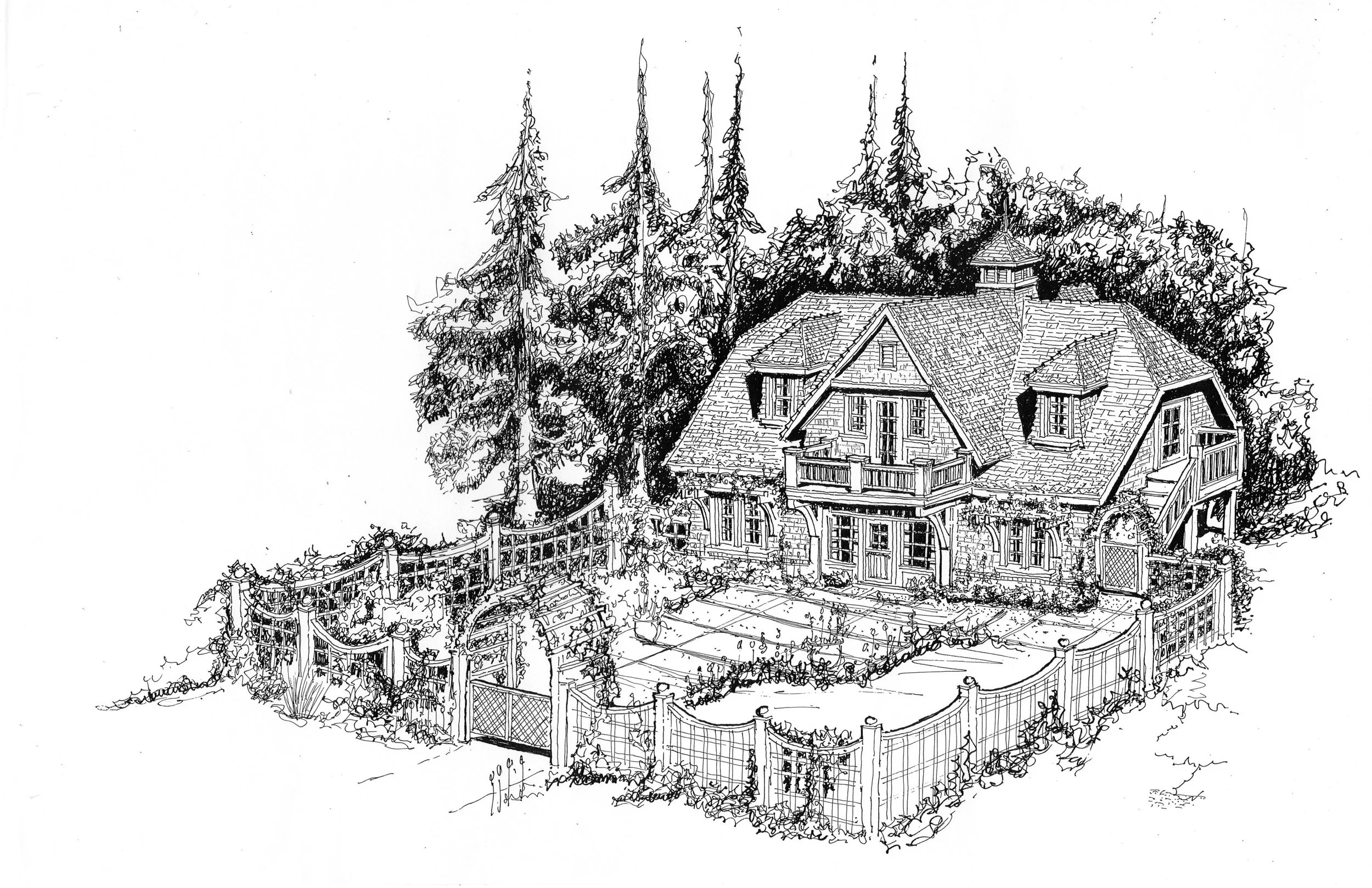 A detailed black and white sketch of a house surrounded by trees and a fence, with a deck and multiple gabled roofs.