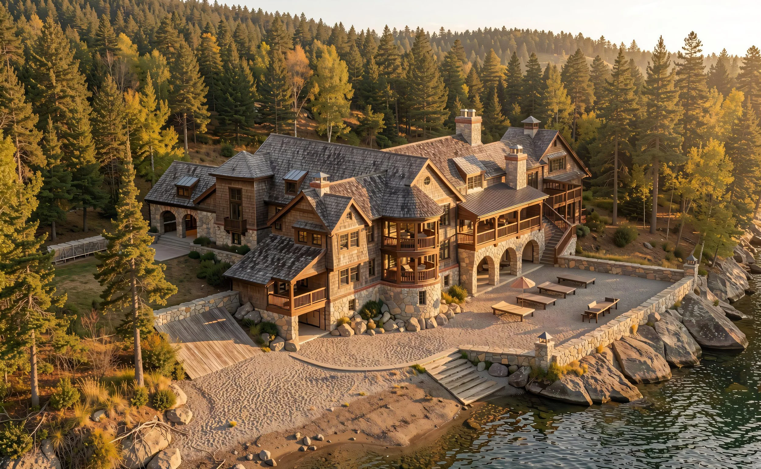 A large wooden house with multiple gabled roofs and chimneys, situated on a rocky lakeshore surrounded by dense forest of tall pine trees, with a sandy beach area and outdoor seating.