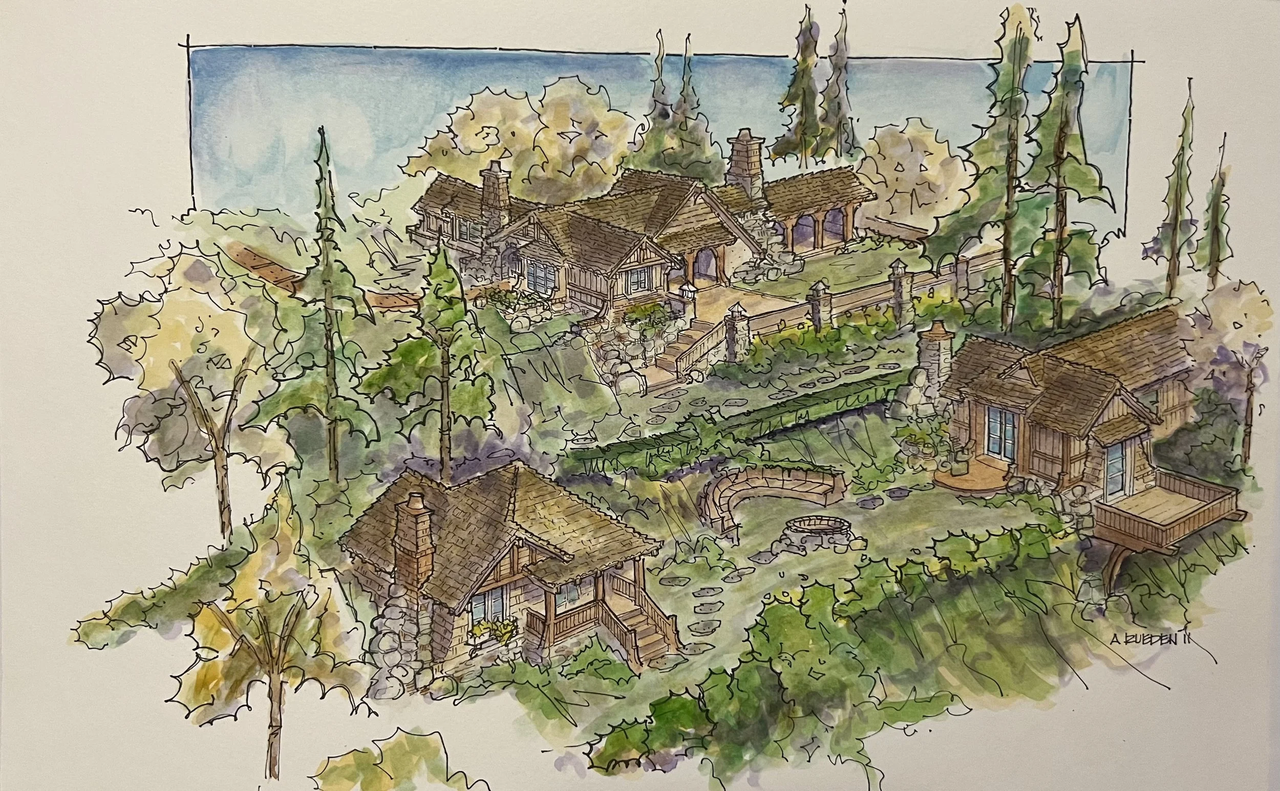 A watercolor painting of a house in a lush, wooded area with multiple buildings, stone pathways, and tall trees surrounding the property.