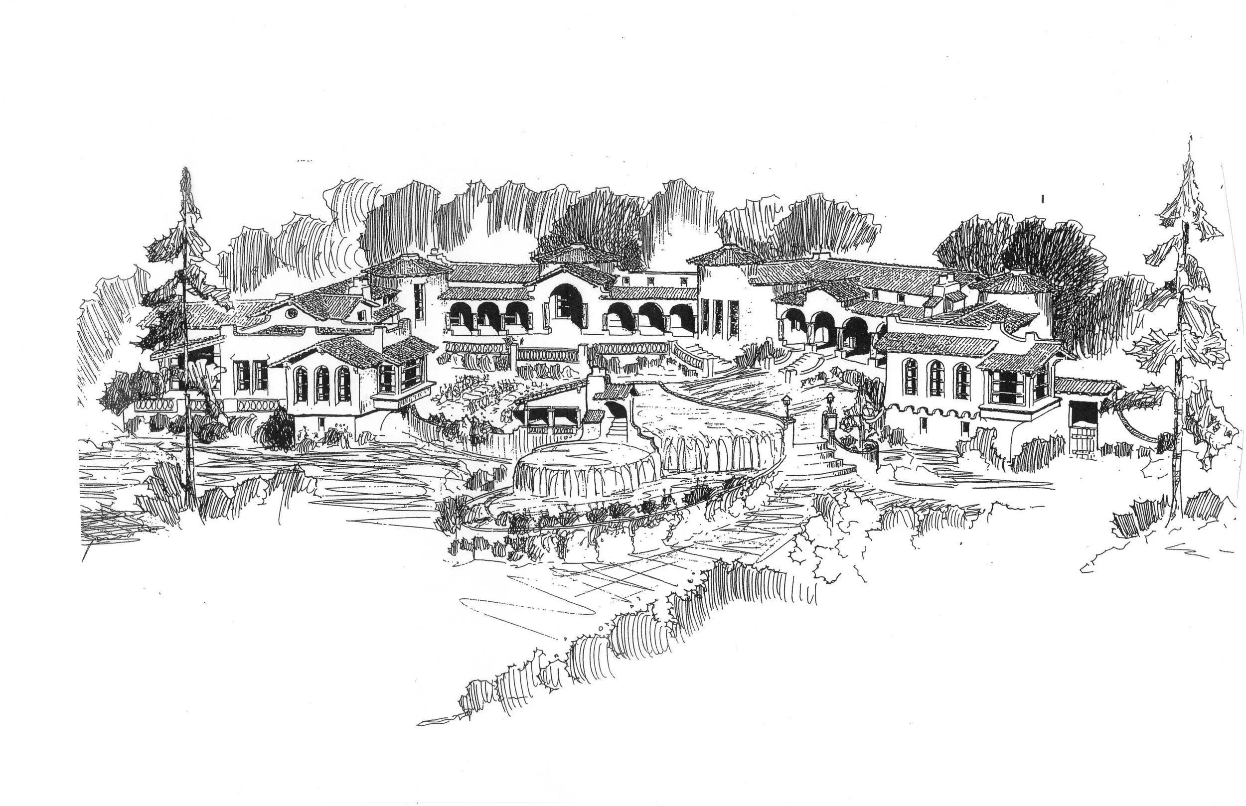 A black and white sketch of a luxurious estate with multiple buildings, a driveway, landscaped gardens, and surrounded by tall trees.