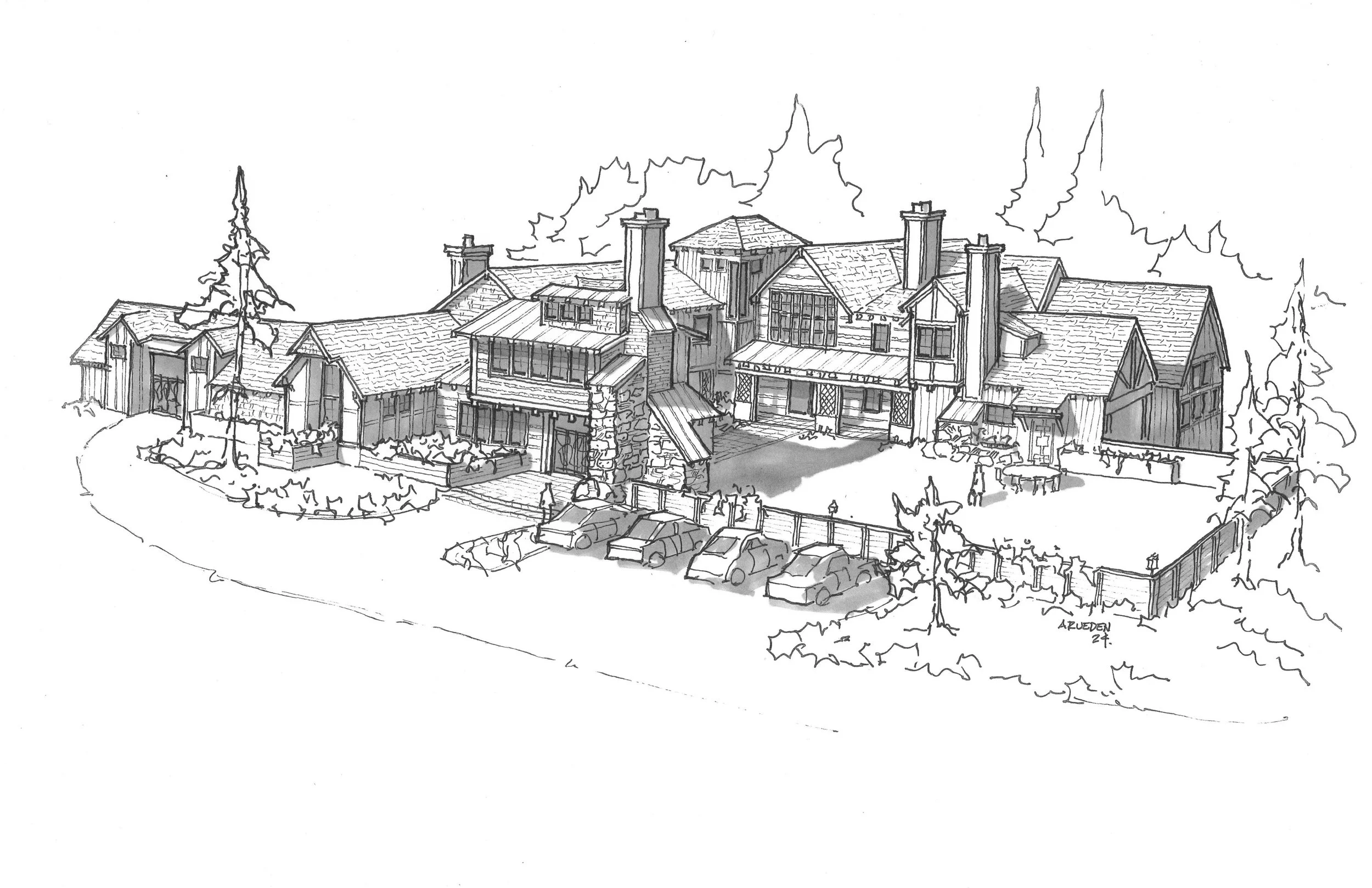 A detailed black and white sketch of a large house with multiple roofs, chimneys, and large windows, surrounded by trees and a parking lot with several cars.