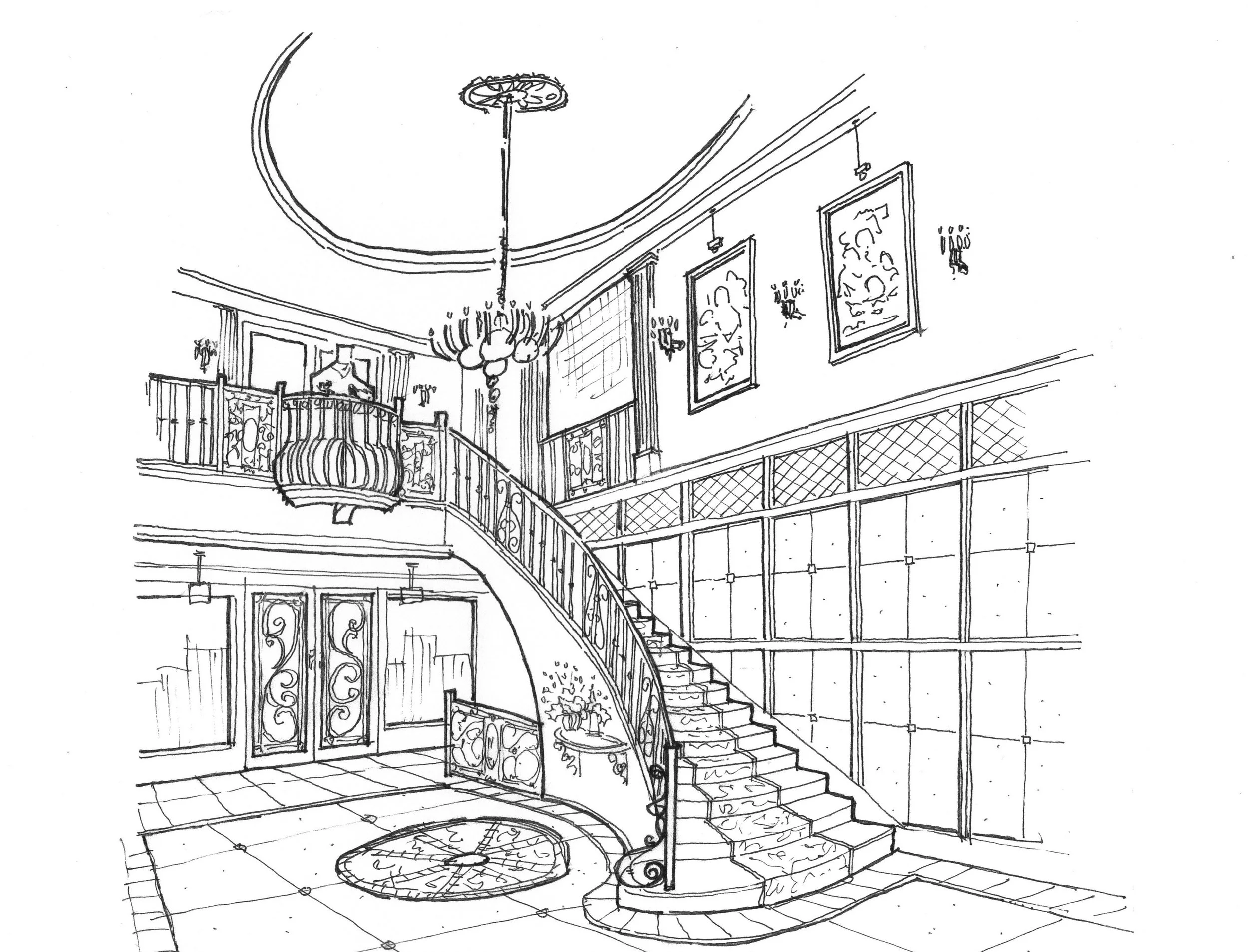 A black and white sketch of an elegant staircase with ornate metal railings, leading from a tiled floor to an upper level. The staircase is curved and decorated with various decorative elements. On the upper wall, there are framed artworks and hangin