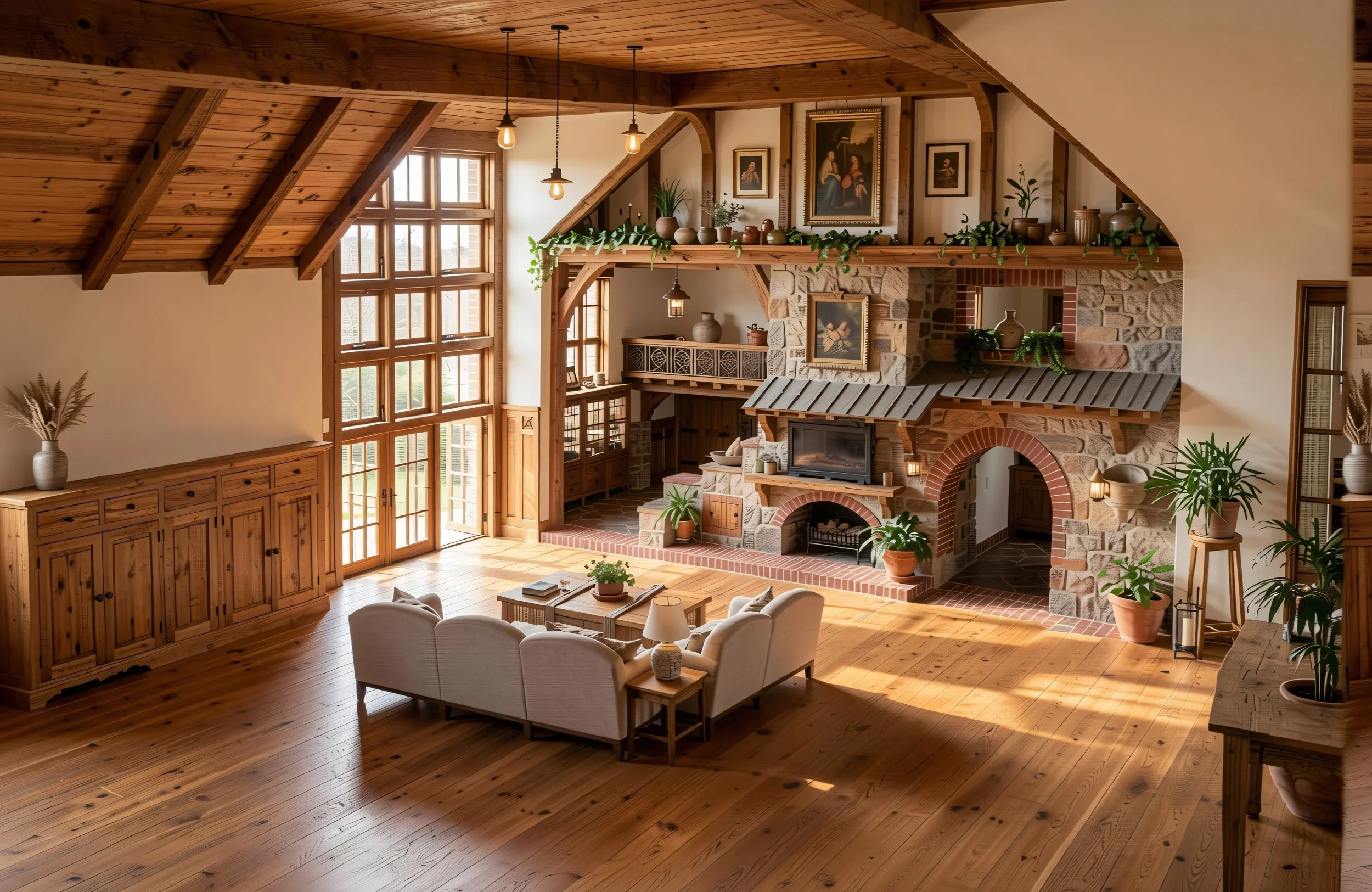 A spacious living room with wooden walls, a high ceiling, large windows, and a stone fireplace with a TV above it. There are plants, paintings, and a cozy seating area with armchairs and a coffee table.