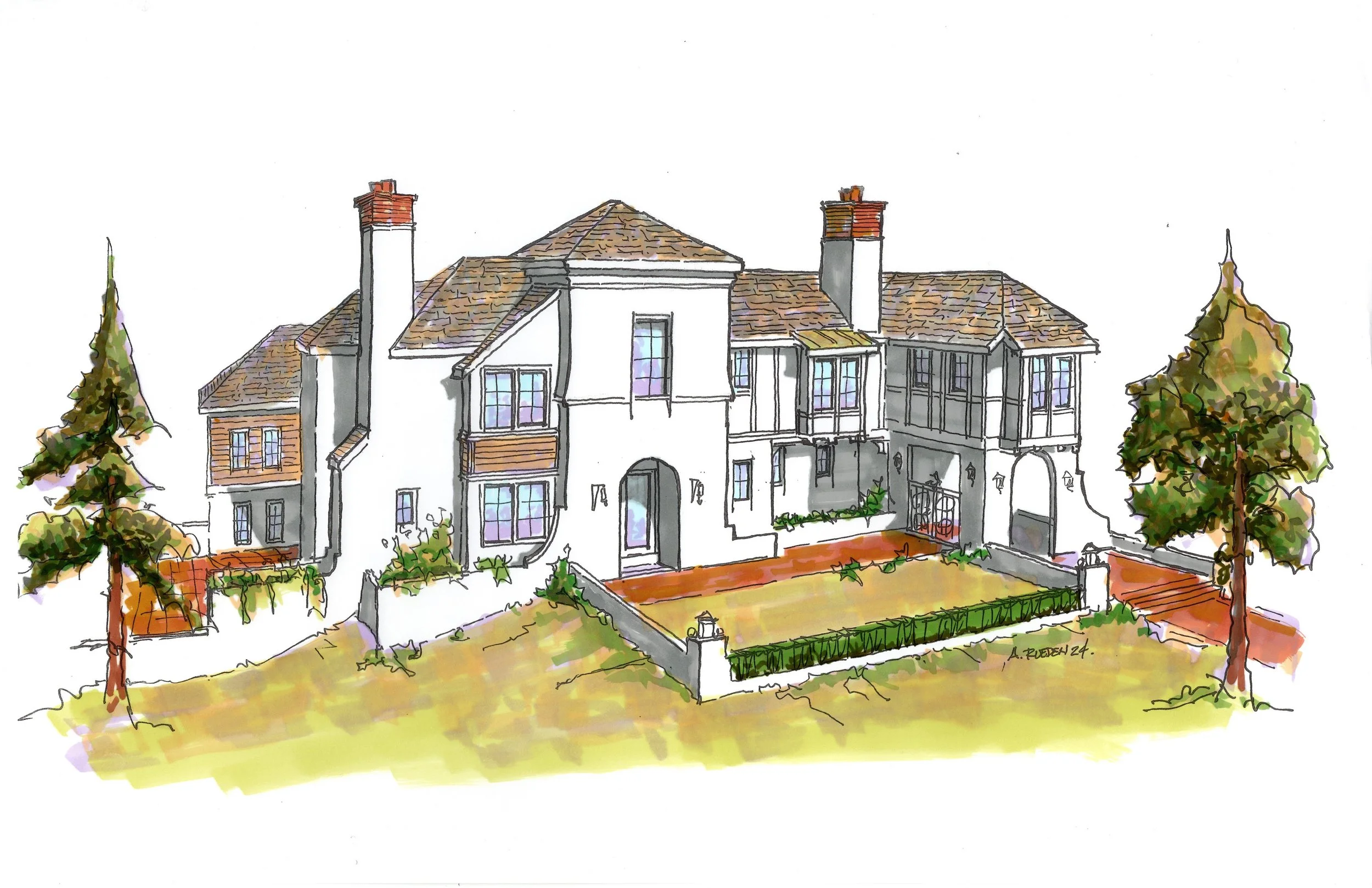 A watercolor illustration of a large, white residential house with a shingled roof, multiple chimneys, and tall windows, surrounded by a garden with trees and a fenced yard.