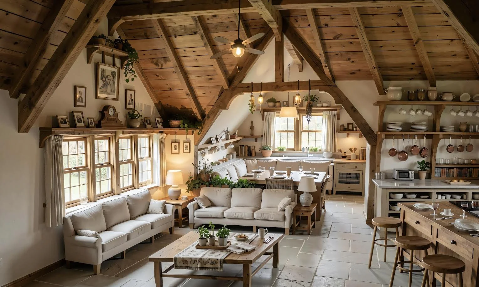 Cozy living room and kitchen with wooden ceiling beams, white sofas, a wooden dining table, and kitchen shelves with dishes and pots.