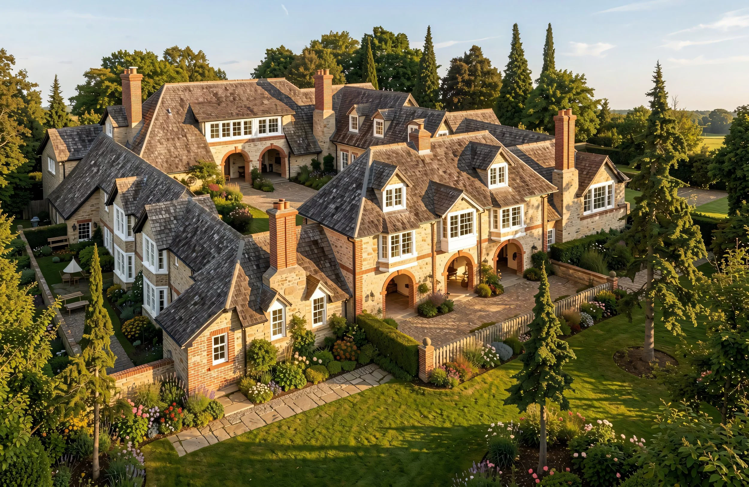 A large, historic house with multiple chimneys, gabled roofs, and numerous windows, surrounded by a well-maintained garden with trees, flowers, and a lawn, under a clear sky in the late afternoon.