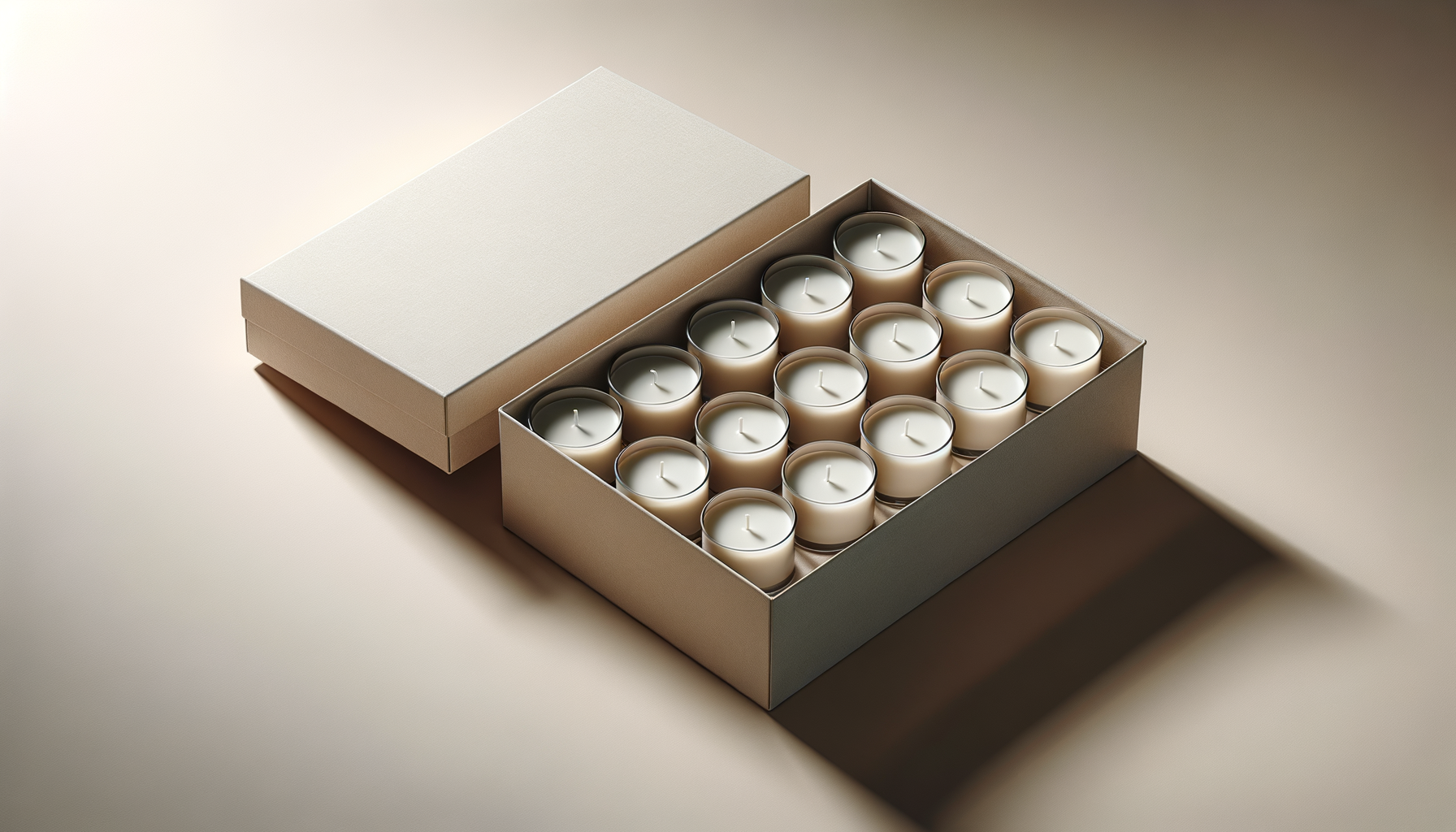 A beige box containing sixteen white candles with unlit wicks arranged in four rows of four, on a beige surface