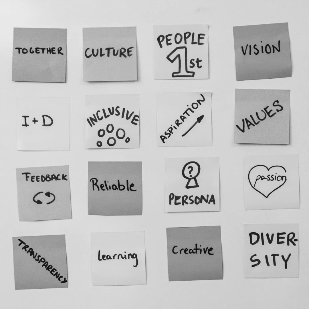post-it notes on a wall with company values like diversity and transparency