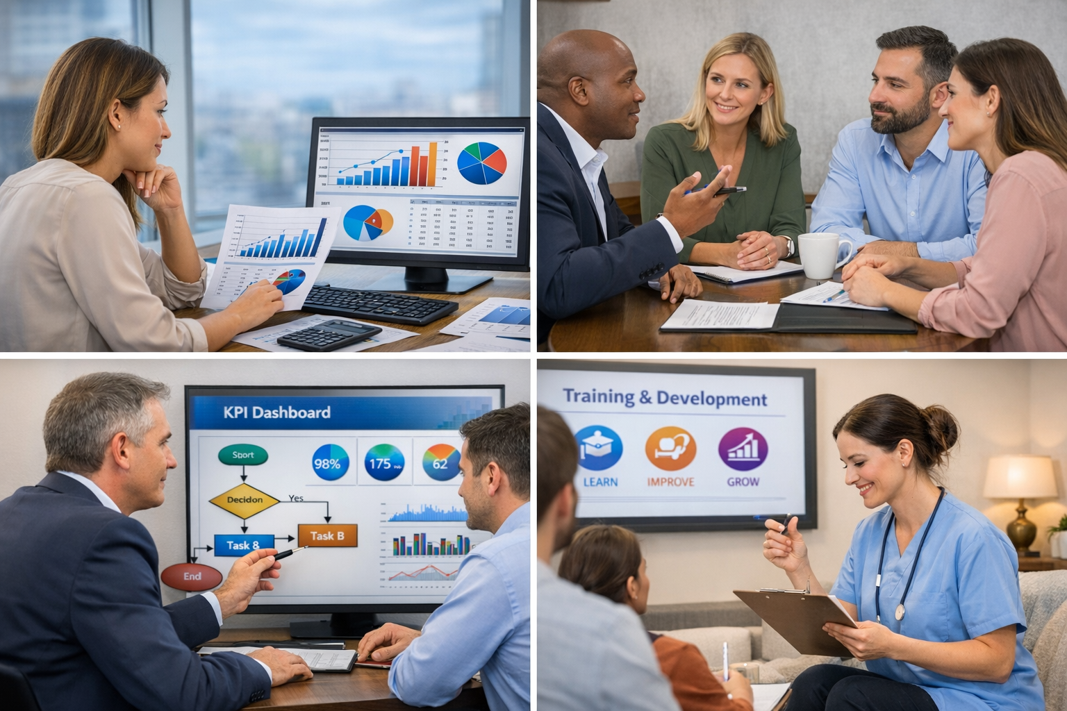 Collage of four images showing business and medical meetings: a woman analyzing graphs on a computer, a diverse group of colleagues in a discussion, two men reviewing a KPI dashboard on a screen, and a nurse giving a consultation.