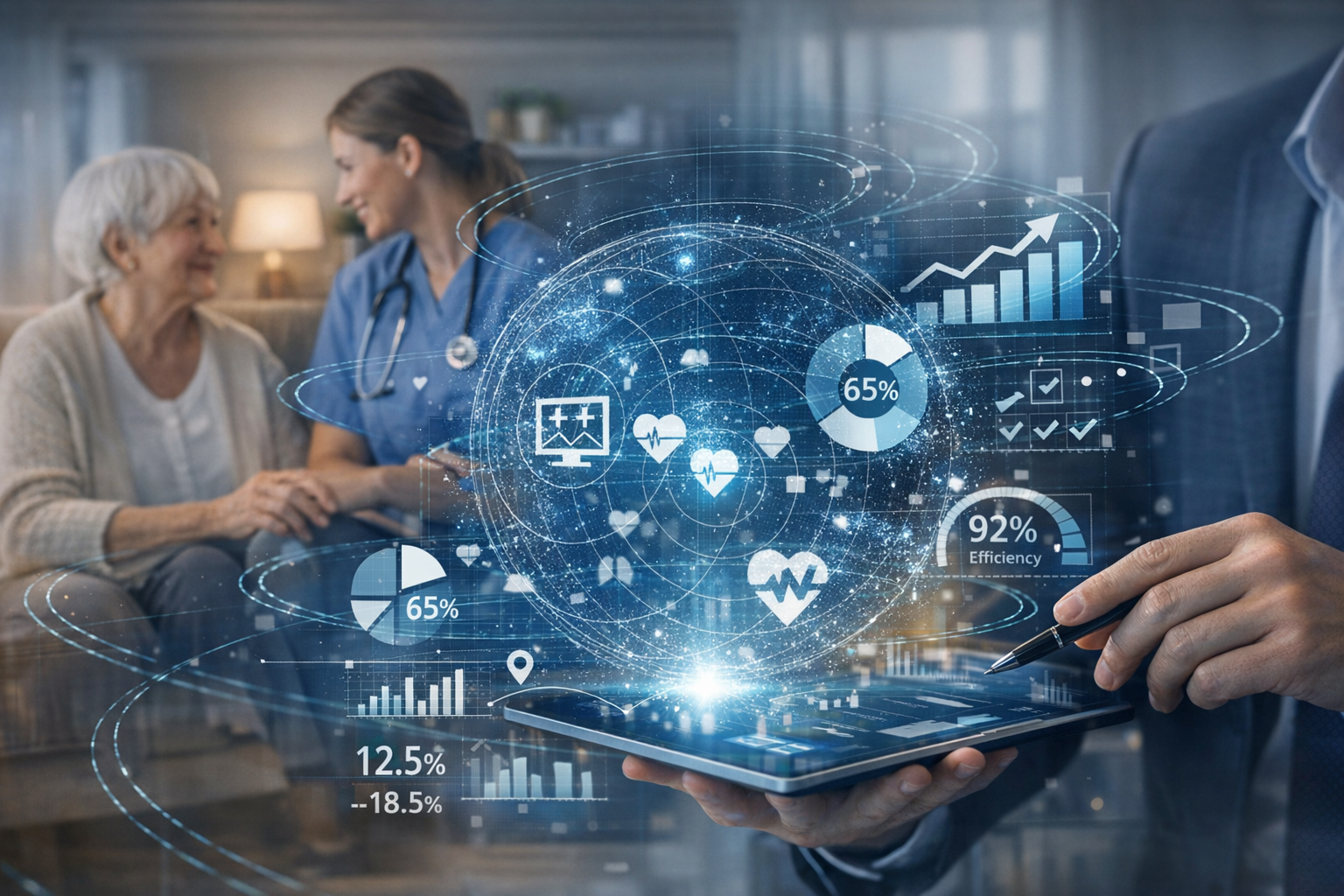 A doctor and an elderly woman are sitting on a couch in a medical setting, talking and smiling. Overlaid are digital health and data charts, including percentages, graphs, and health icons, representing healthcare technology and data analysis.