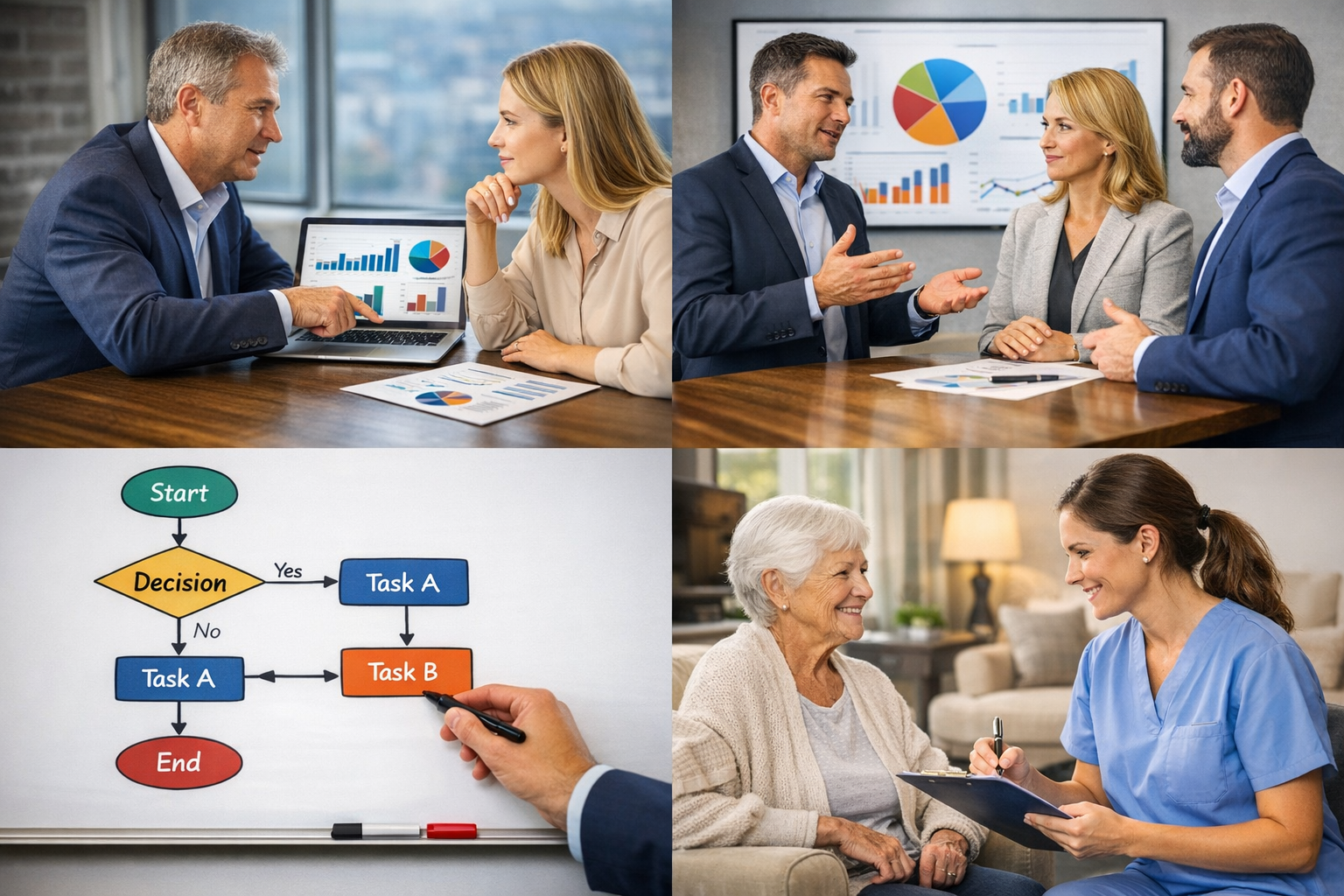 Top left: Two professionals reviewing charts and graphs on a laptop in a conference room. Top right: Group of four professionals discussing data and charts in an office setting. Bottom left: Hand of a person pointing to a flowchart on a whiteboard related to decision-making tasks. Bottom right: Healthcare worker consulting with an elderly woman at her home.