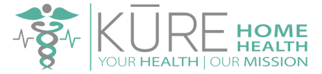 Kure Home Health logo featuring a stylized medical symbol with a green and gray color scheme.