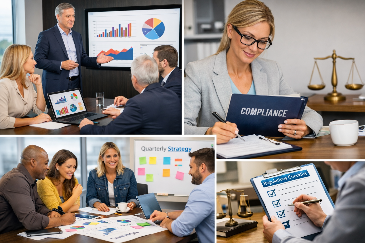 A collage of five images depicting business meetings and office work. The top left shows a man presenting financial graphs to a group of colleagues in a conference room. The top right image features a woman reviewing a compliance folder with a scale in the background. The bottom left captures three people discussing charts and graphs at a table with a whiteboard labeled 'Quarterly Strategy' behind them. The bottom right displays a hand checking off items on a 'Regulations Checklist' on a clipboard near a desk with a scale of justice.