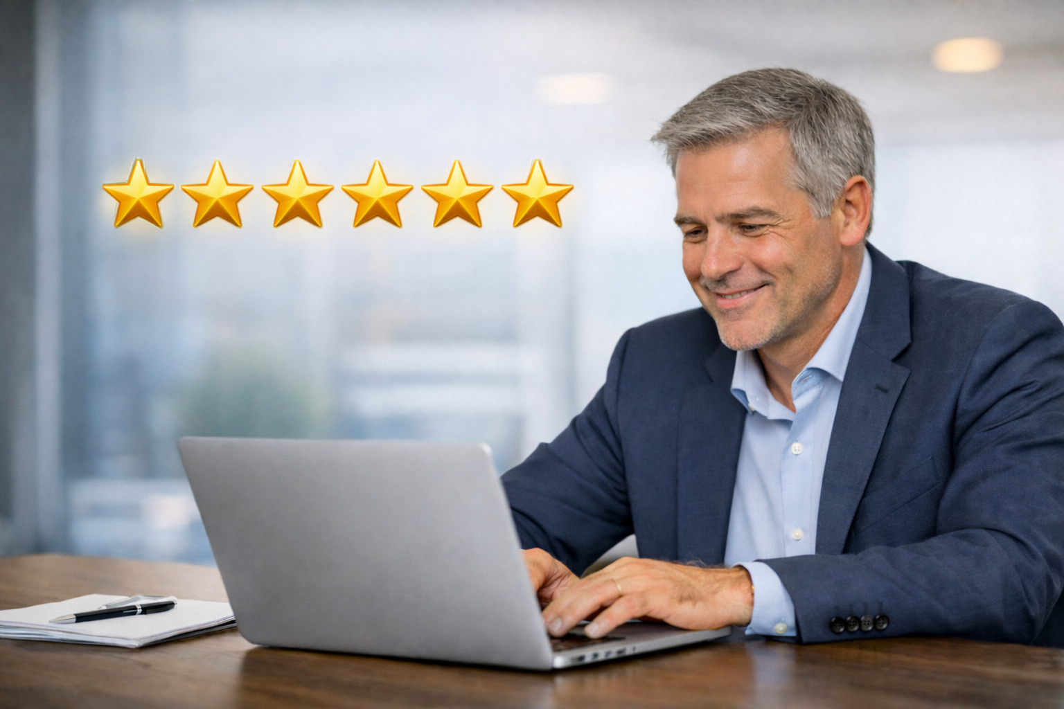 A man in a suit working on a laptop at a desk with a notepad and pen, smiling, with five gold stars above him.