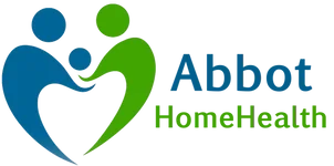 Logo for Abbot Healthcare, featuring two stylized human figures in blue and green forming a heart shape, with the company name to the right.
