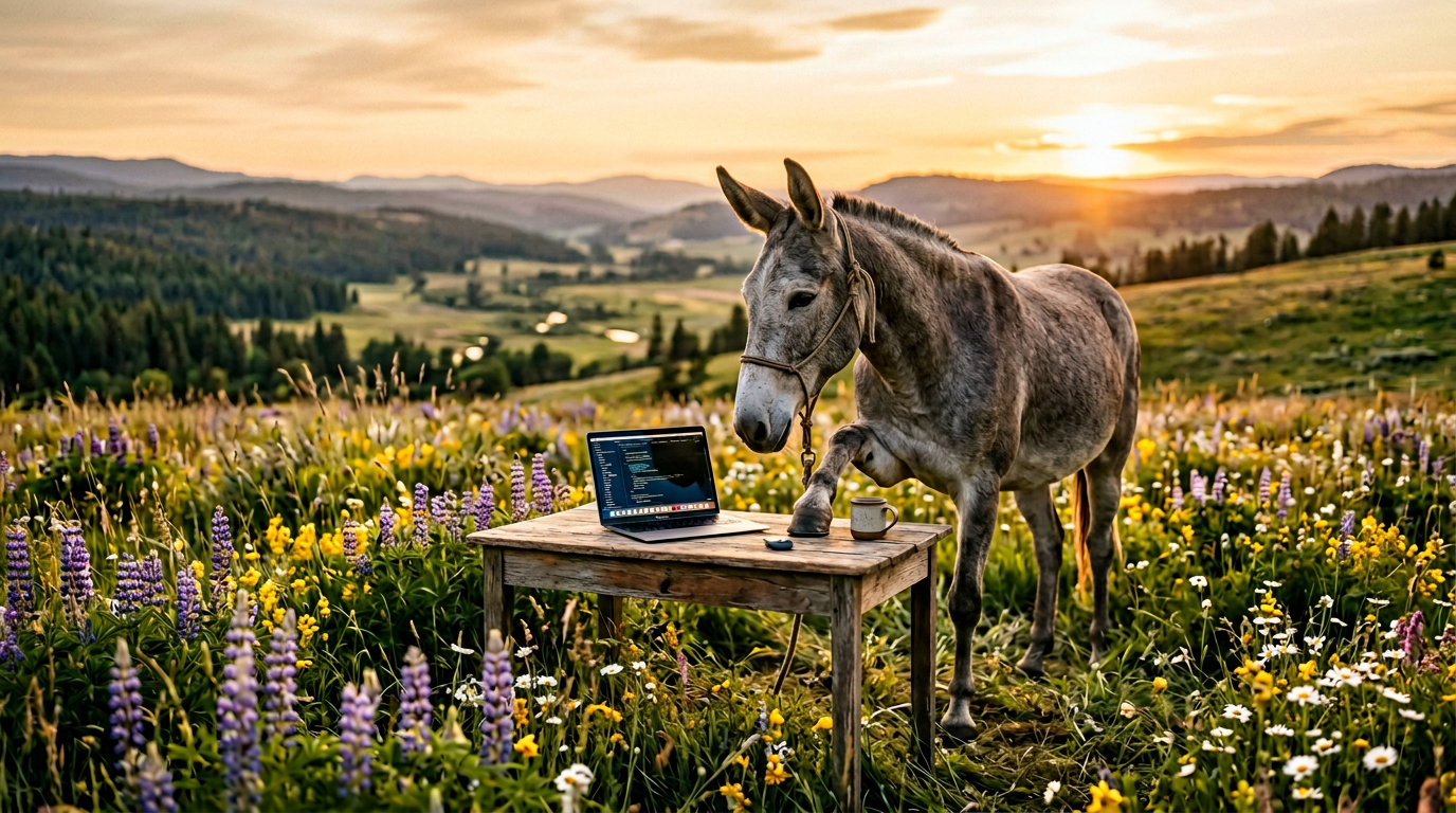 Firefly_Gemini Flash_A highly realistic gray mule standing in a beautiful open field of wildflowers at gol 253984.png