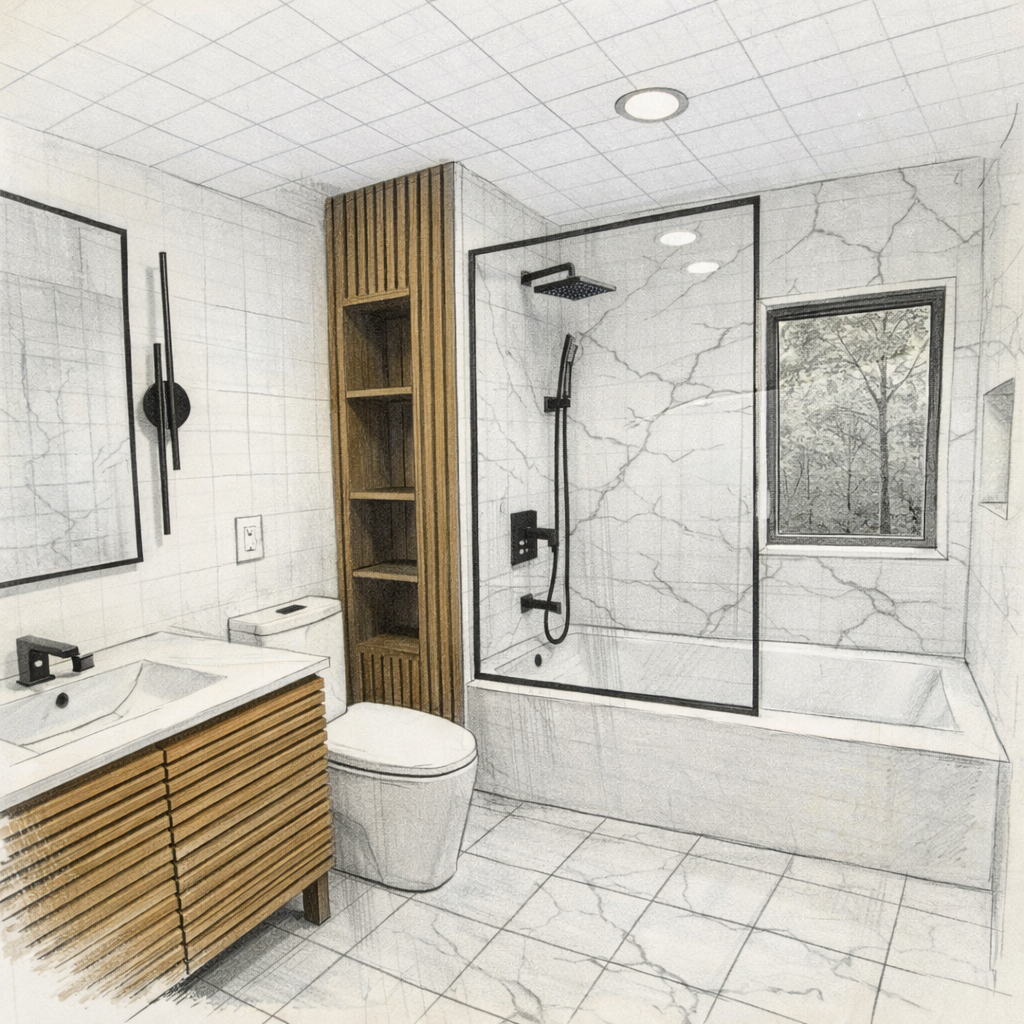 Architectural sketch and rendering of bathroom space