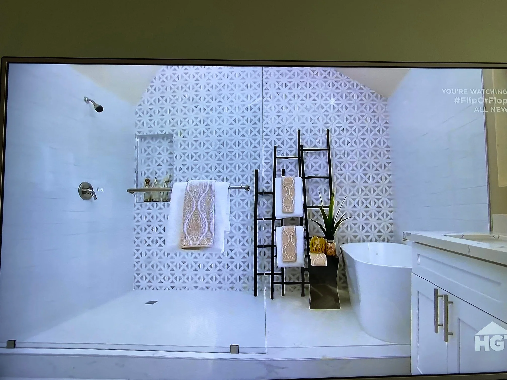 Flip or Flop screenshot: wet room with patterned wall and freestanding tub