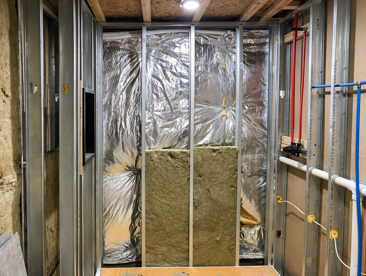 Steel stud framing with rock wool sound insulation between studs