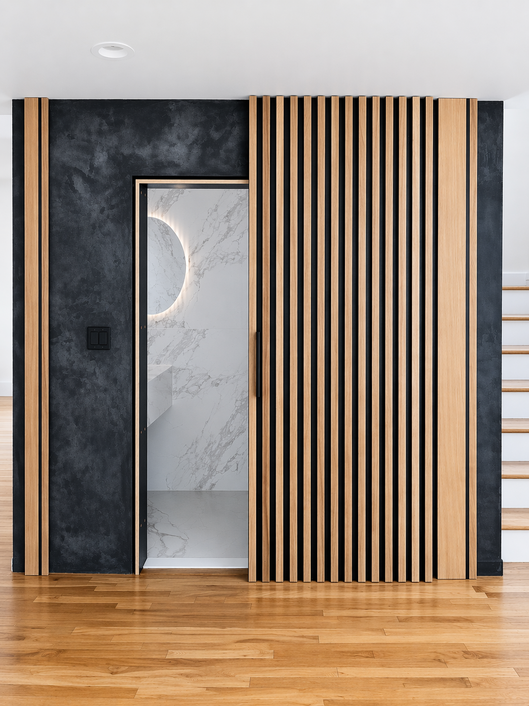 Finished microcement sliding door, closed, in daylight