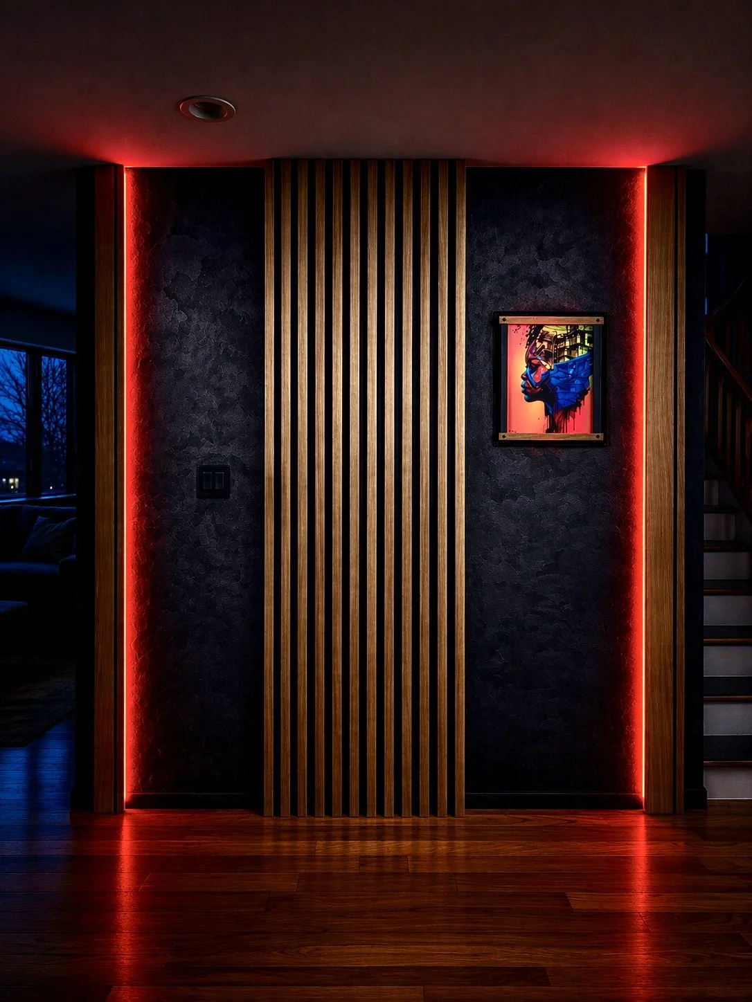 Custom sliding door at night with LED illumination