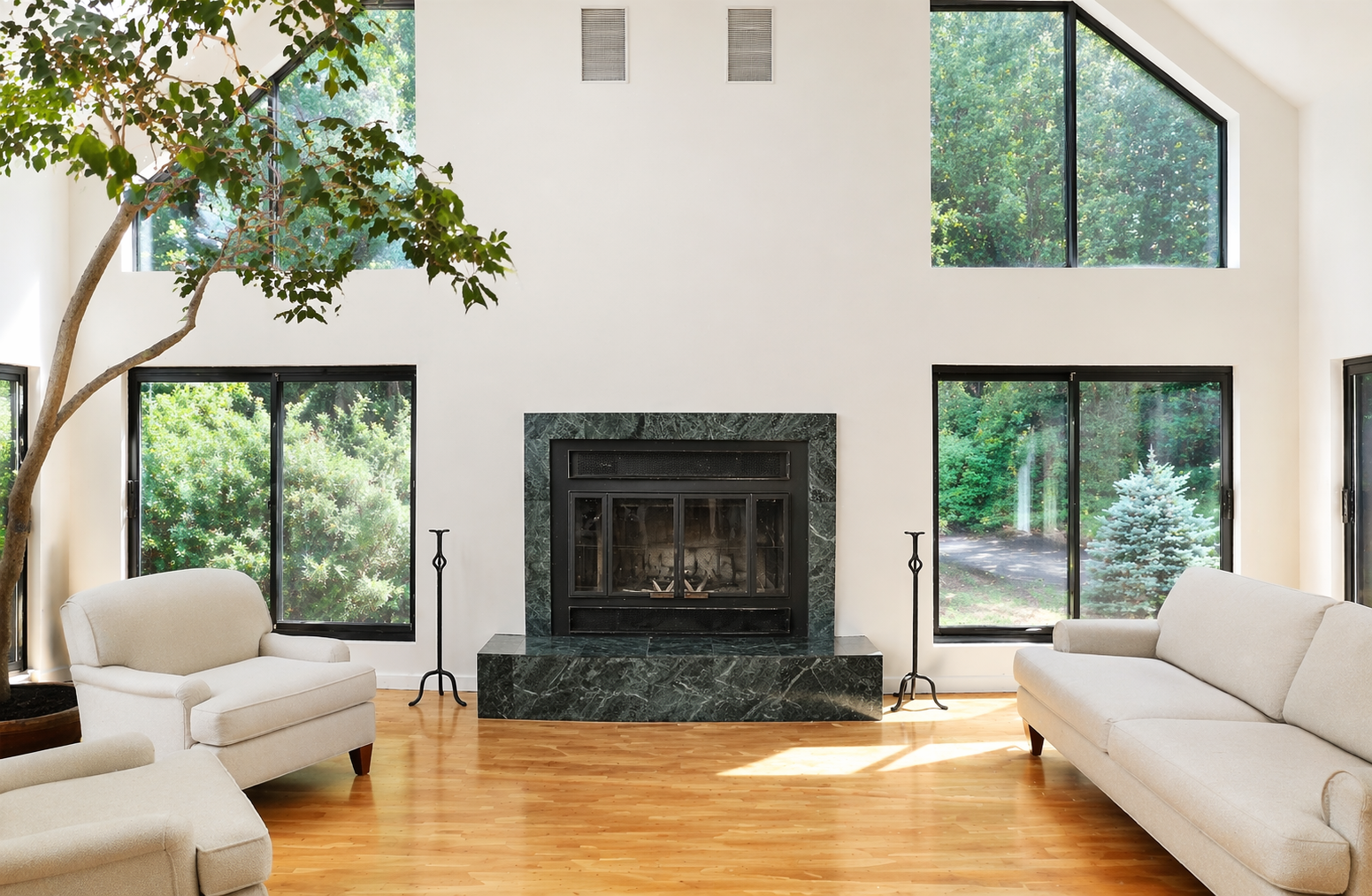 Original fireplace before resurface, dated stone finish and mantel