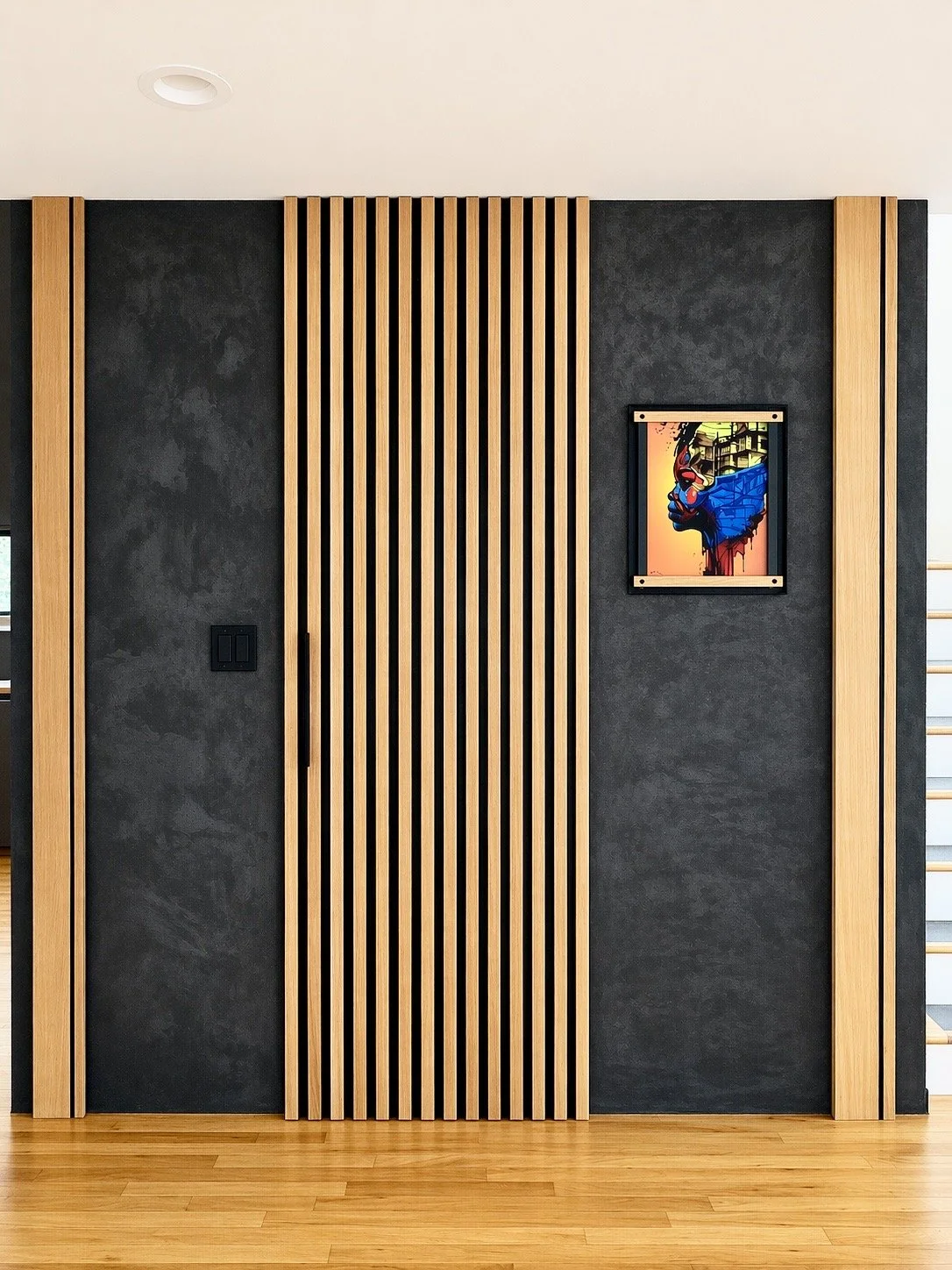 Finished microcement sliding door, in daylight, wider view