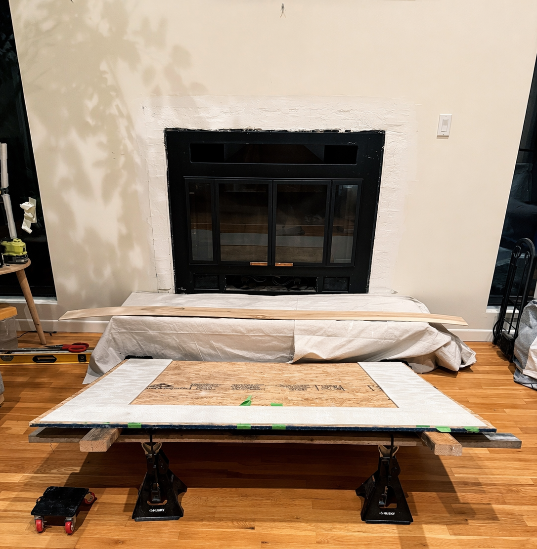 Fireplace mid-install, substrate preparation stage