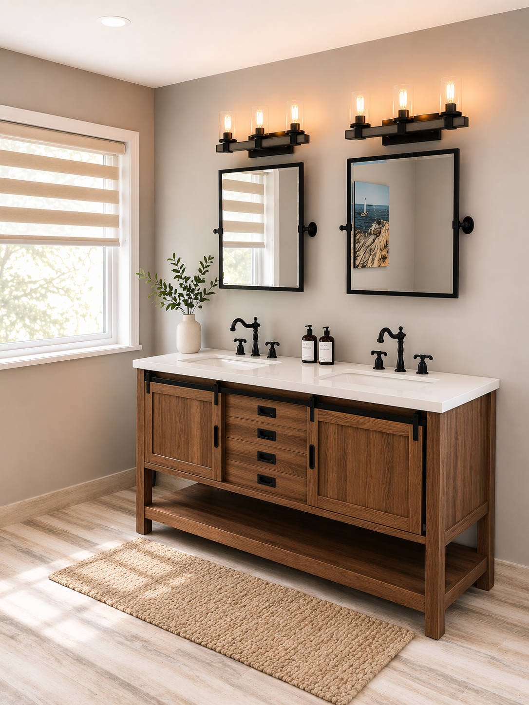 Modern bathroom with double vanity, black fixtures, white countertop, and wood cabinets. Two mirrors with black frames, wall-mounted light fixtures, and a window with beige shades. Decor includes a white vase with greenery and two soap dispensers, with a woven rug on light wood floor.