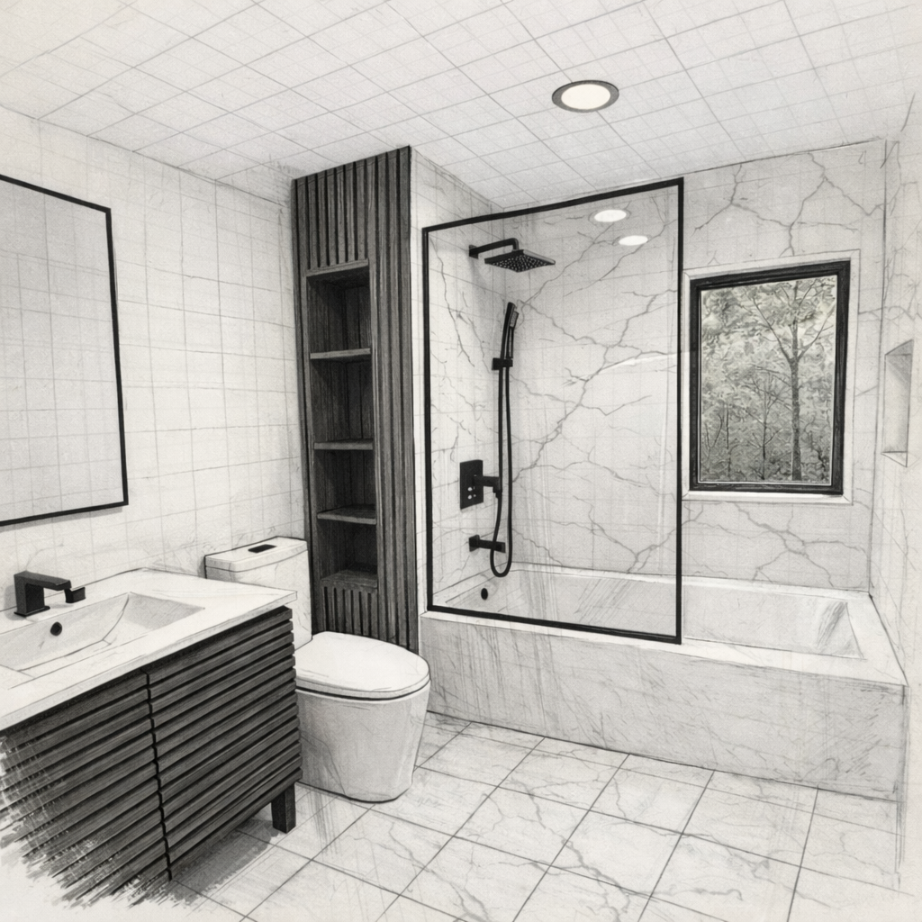 A modern bathroom featuring a walk-in shower with black fixtures and marble walls, a bathtub with a window showing trees outside, a vessel sink on a slatted cabinet, a toilet, and built-in shelves with a wood panel accent.