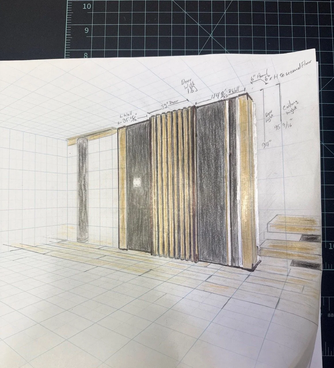 Hand-drawn sketch of the custom sliding door