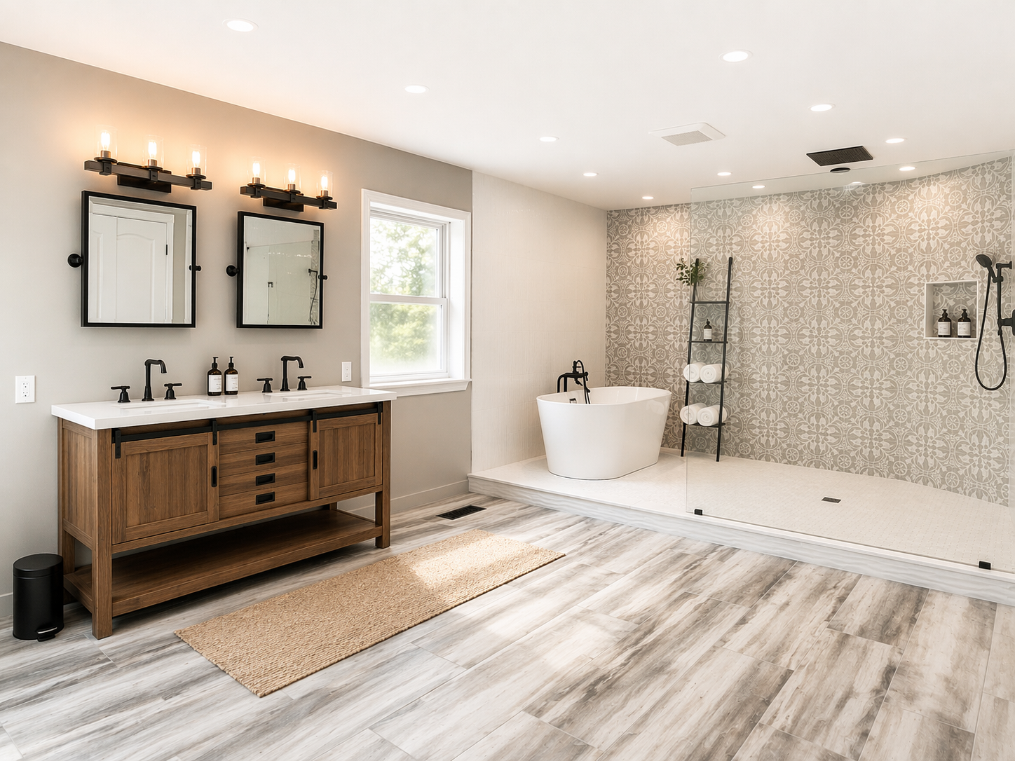 Modern farmhouse master bath wide view, warm lighting, wet room with freestanding tub