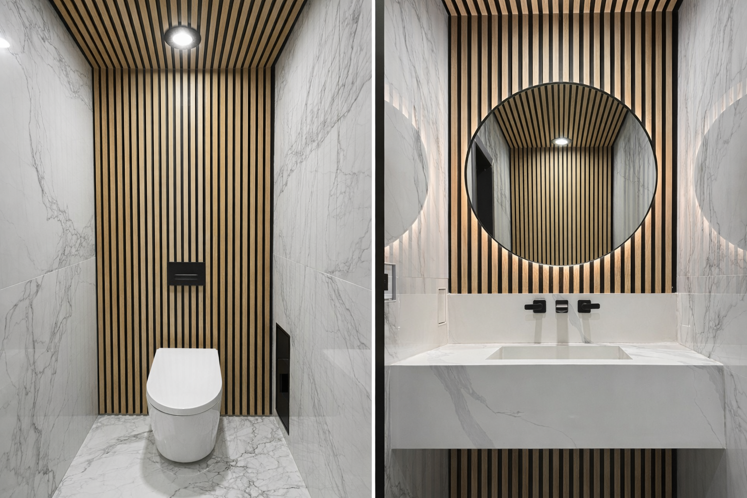 Modern bathroom with white marble walls and floor, featuring a separated toilet area with wooden slat wall on the back, and a vanity with a circular mirror, black fixtures, and a marble countertop.