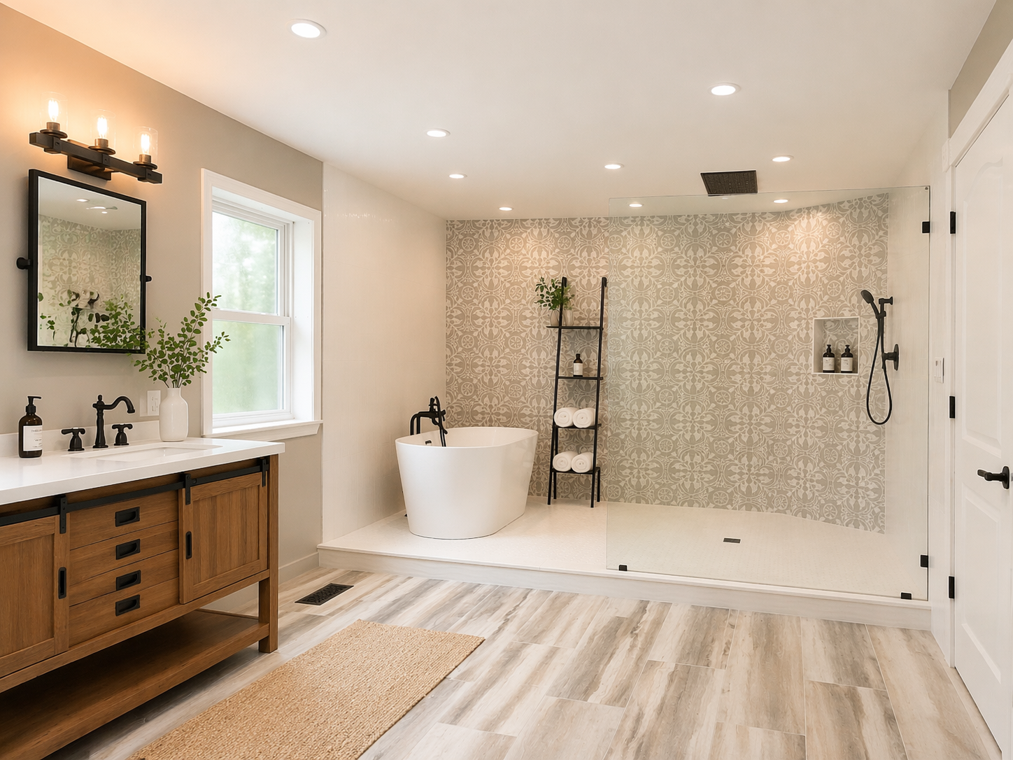 Finished modern farmhouse master bath with freestanding tub and wet room shower