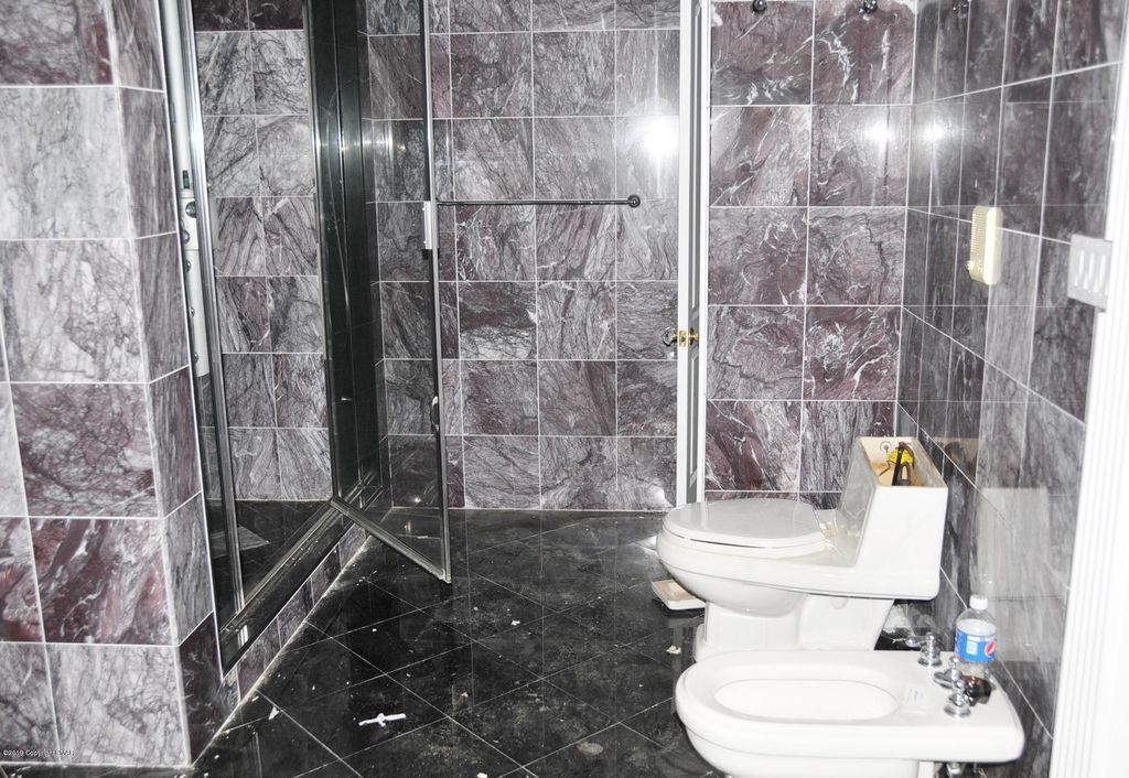 Original 2007 master bath: shower and bidet surrounded by dark marble