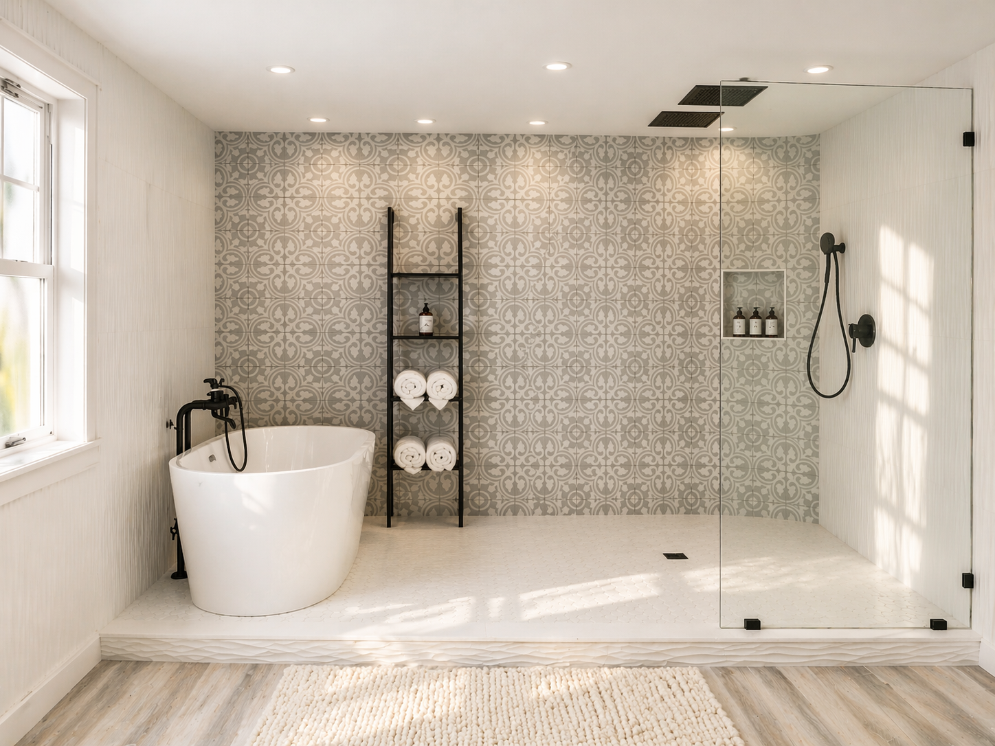 Wet room detail: twin rain showerheads mounted over open curbless shower floor
