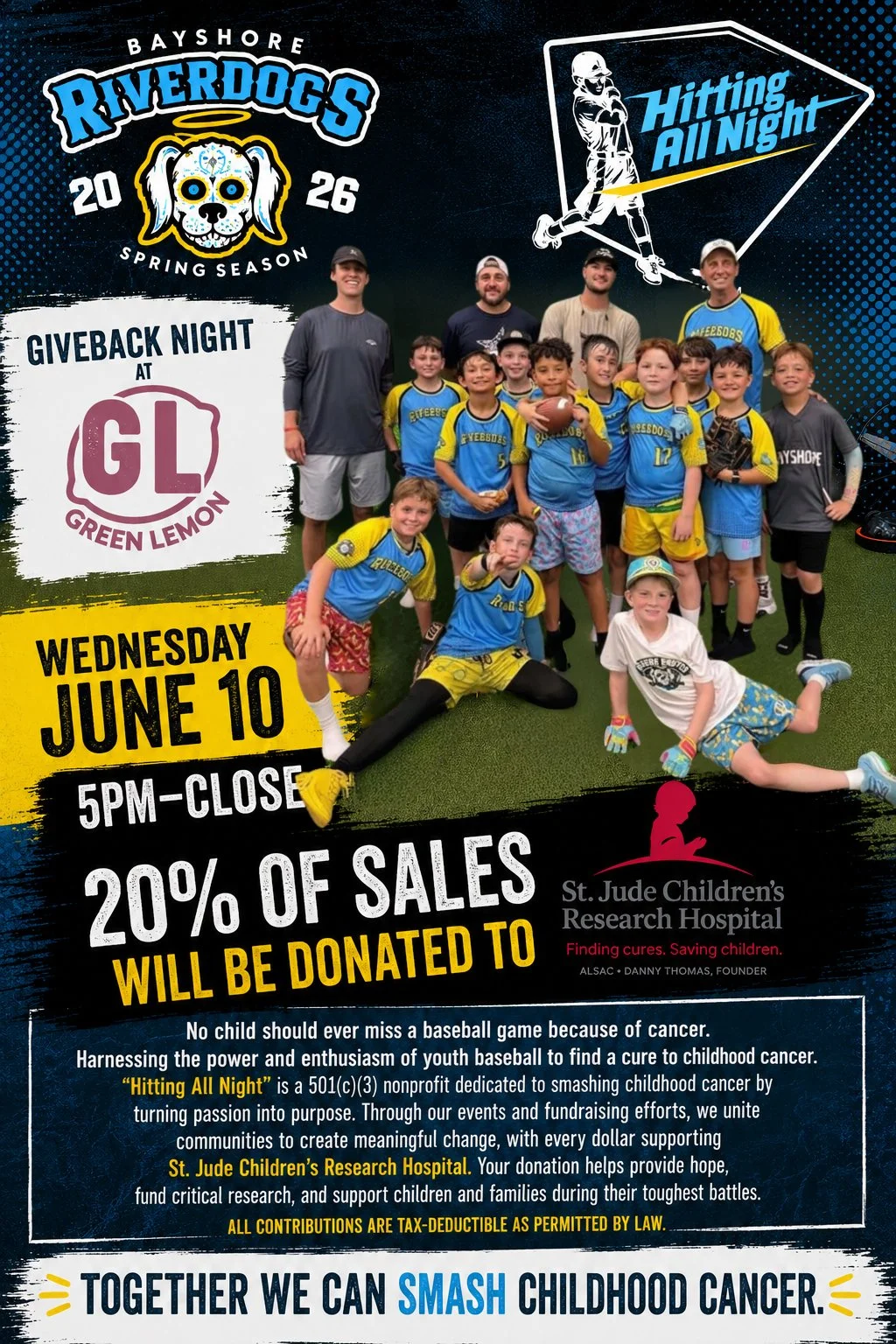 Hitting All Night, The Bayshore Riverdogs, and Green Lemon Tampa Present Giveback Night where 20% if the nights Proceeds will be donated to benefit St. Jude Children's Research Hospital