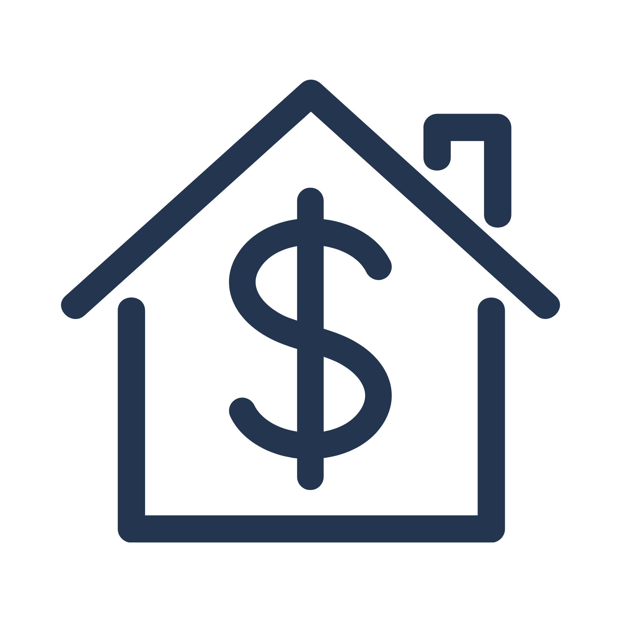Stylized line drawing of a house with an open roof, a dollar sign in the center, and a flag on the right side.