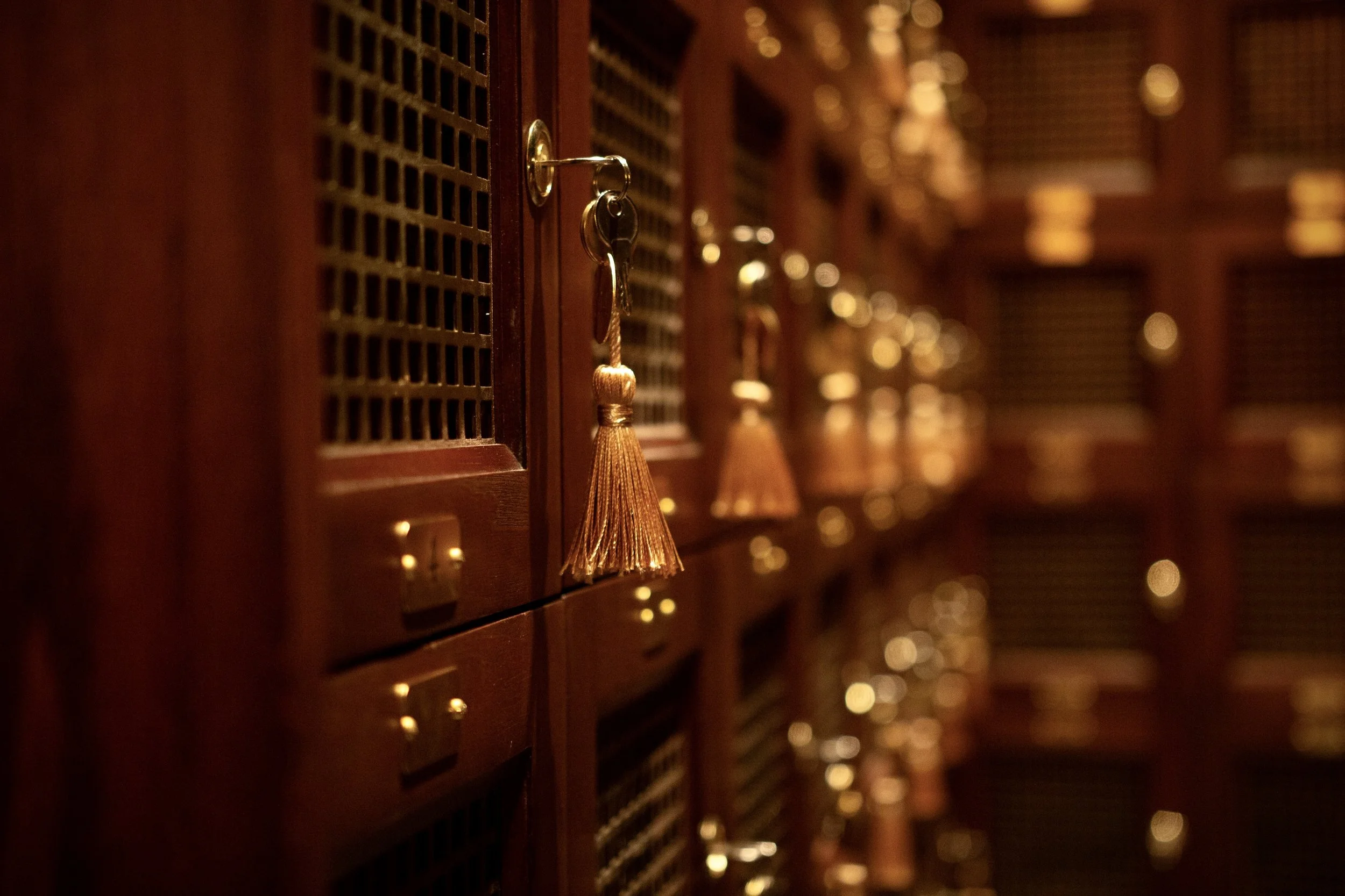 Alexander Mann hospitality interior design, Torches lounge New York, brass tassel key detail, custom millwork
