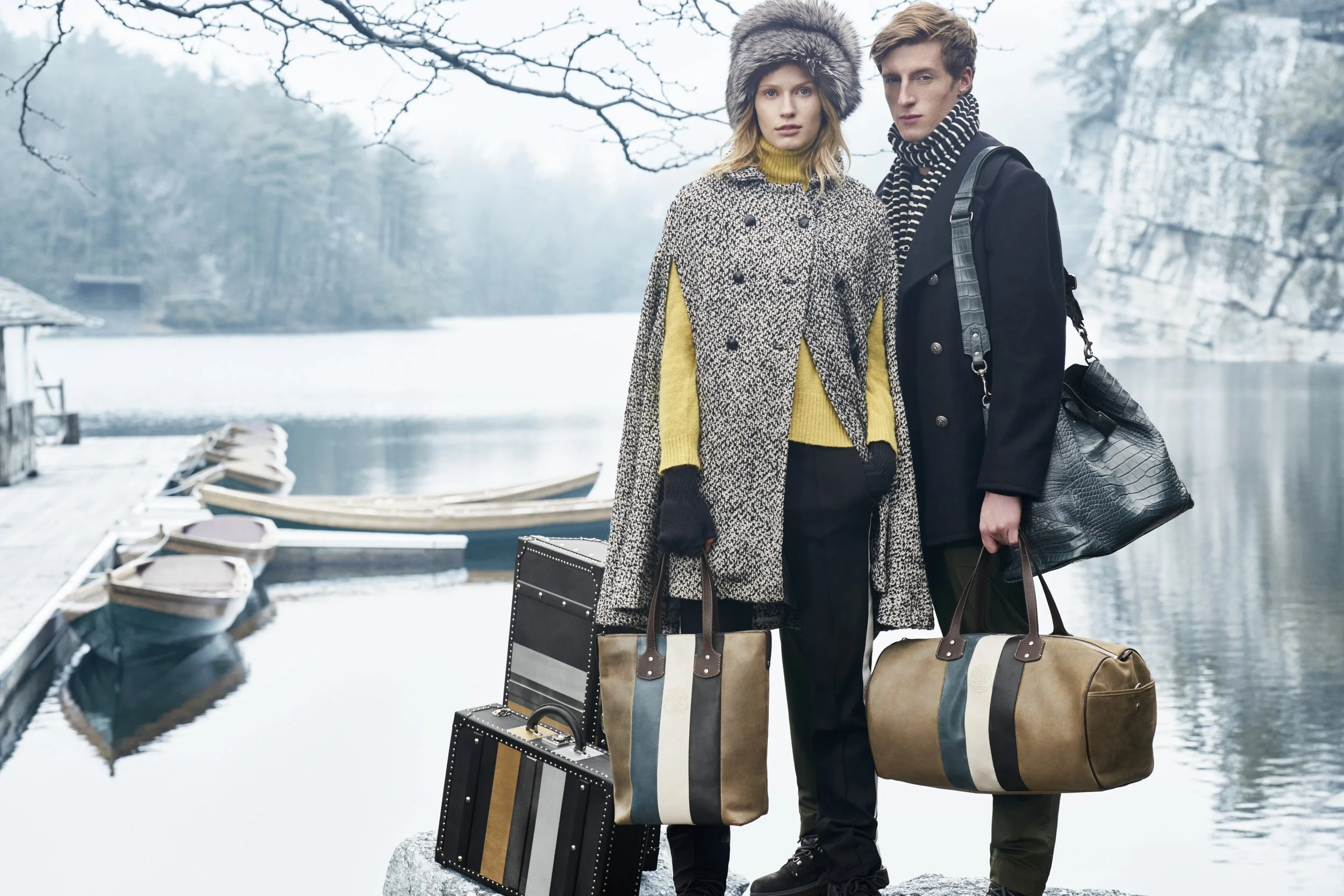 Ghurka fashion campaign with models and leather travel bags by a lake, art direction by Alexander Mann