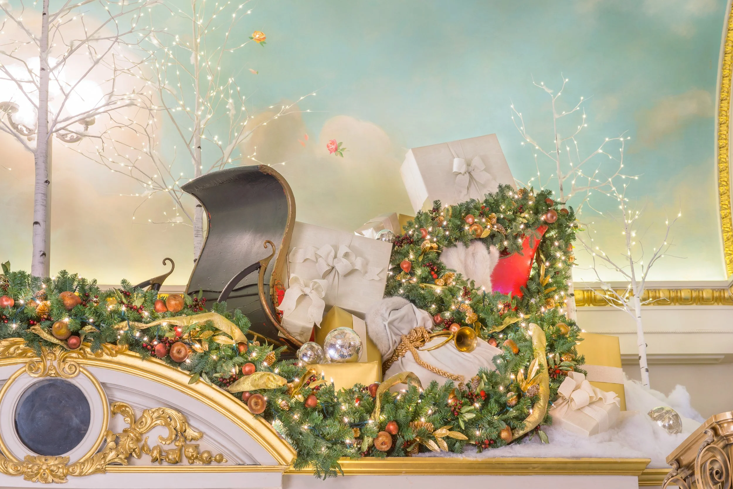 Alexander Mann hospitality interior design, St. Regis Hotel New York holiday installation, decorative sleigh tableau