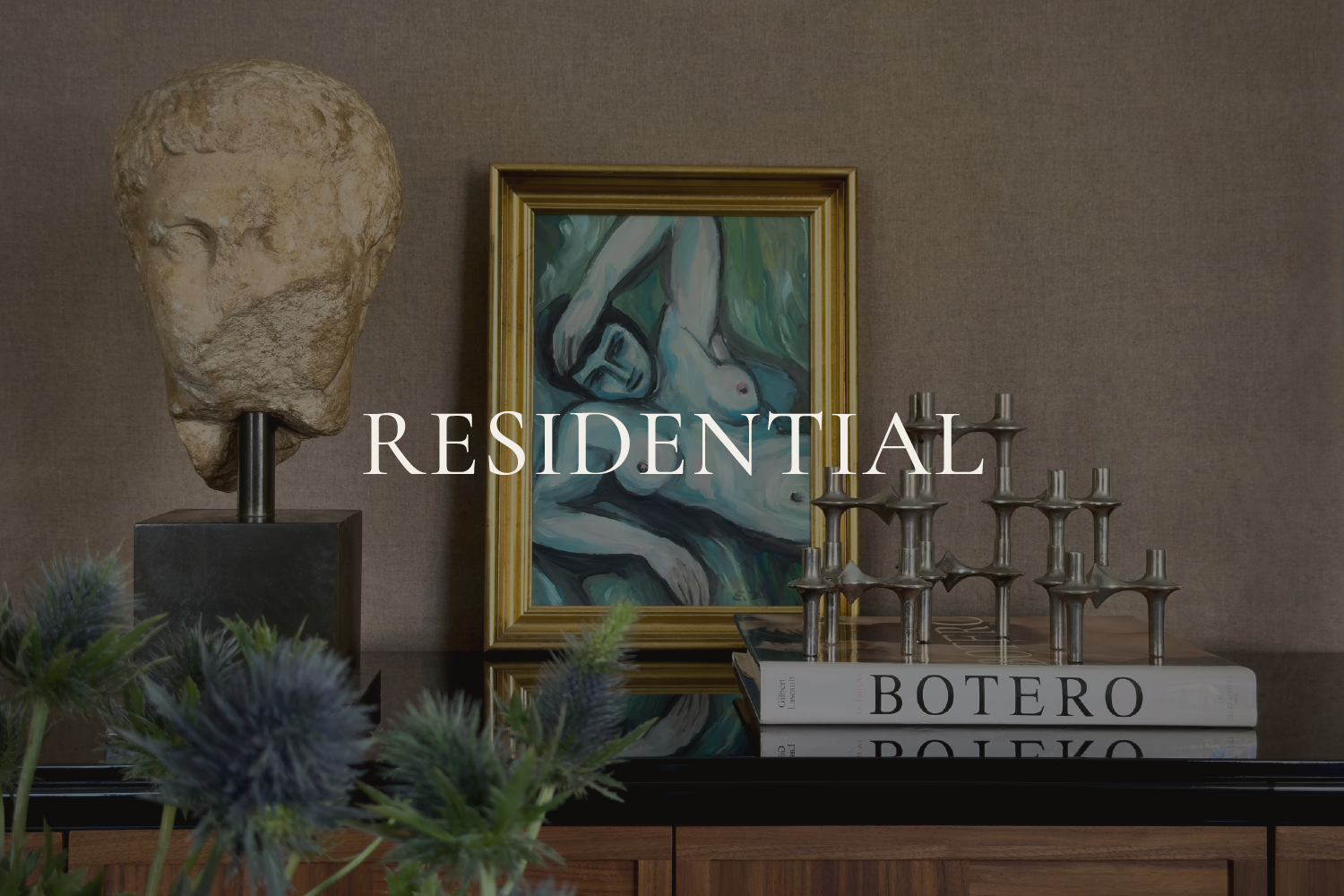 Alexander Mann residential interior design, Roman fragment sculpture, figurative painting, Manhattan apartment vignette