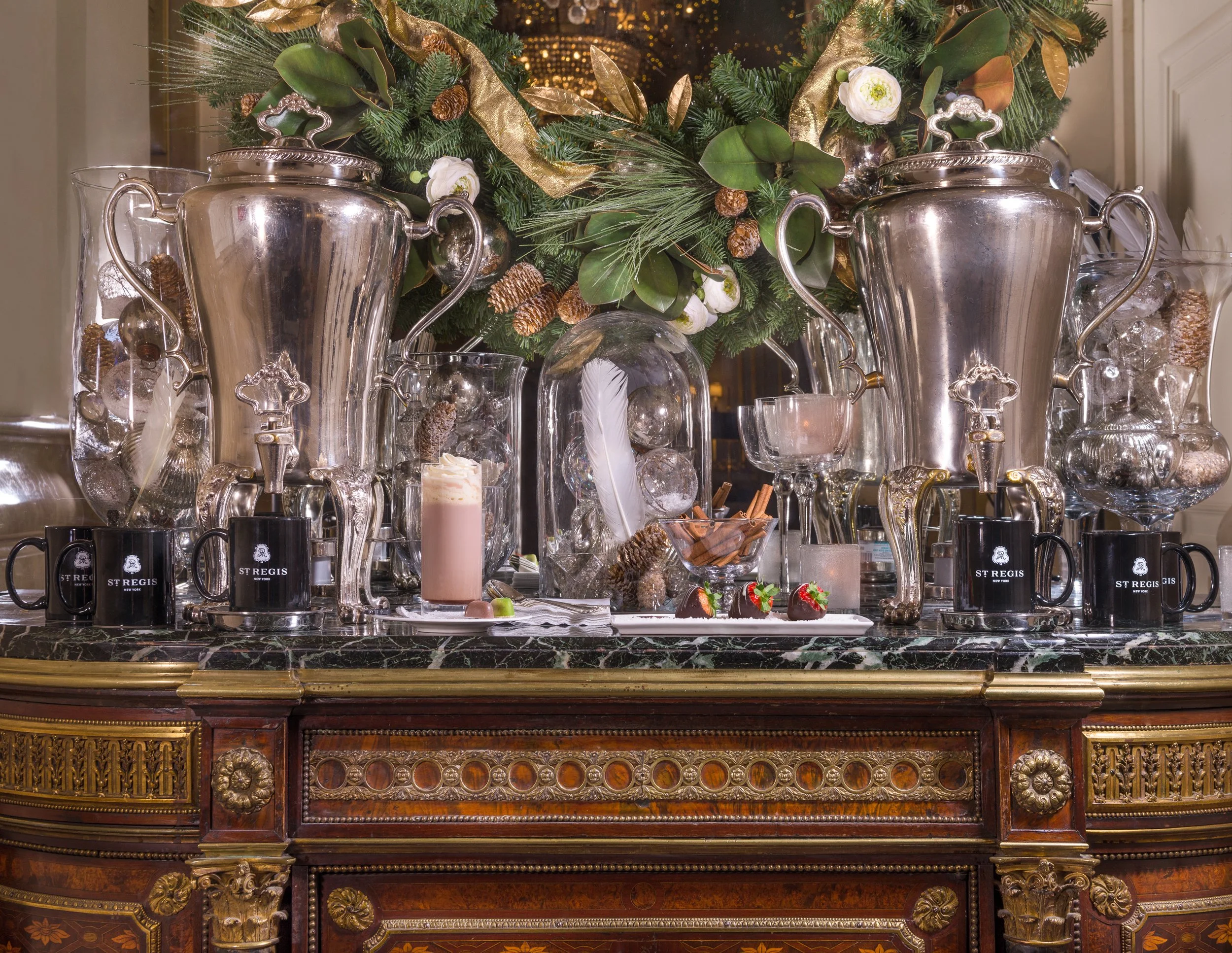 Alexander Mann hospitality interior design, St. Regis Hotel New York Christmas hot chocolate bar, silver urns